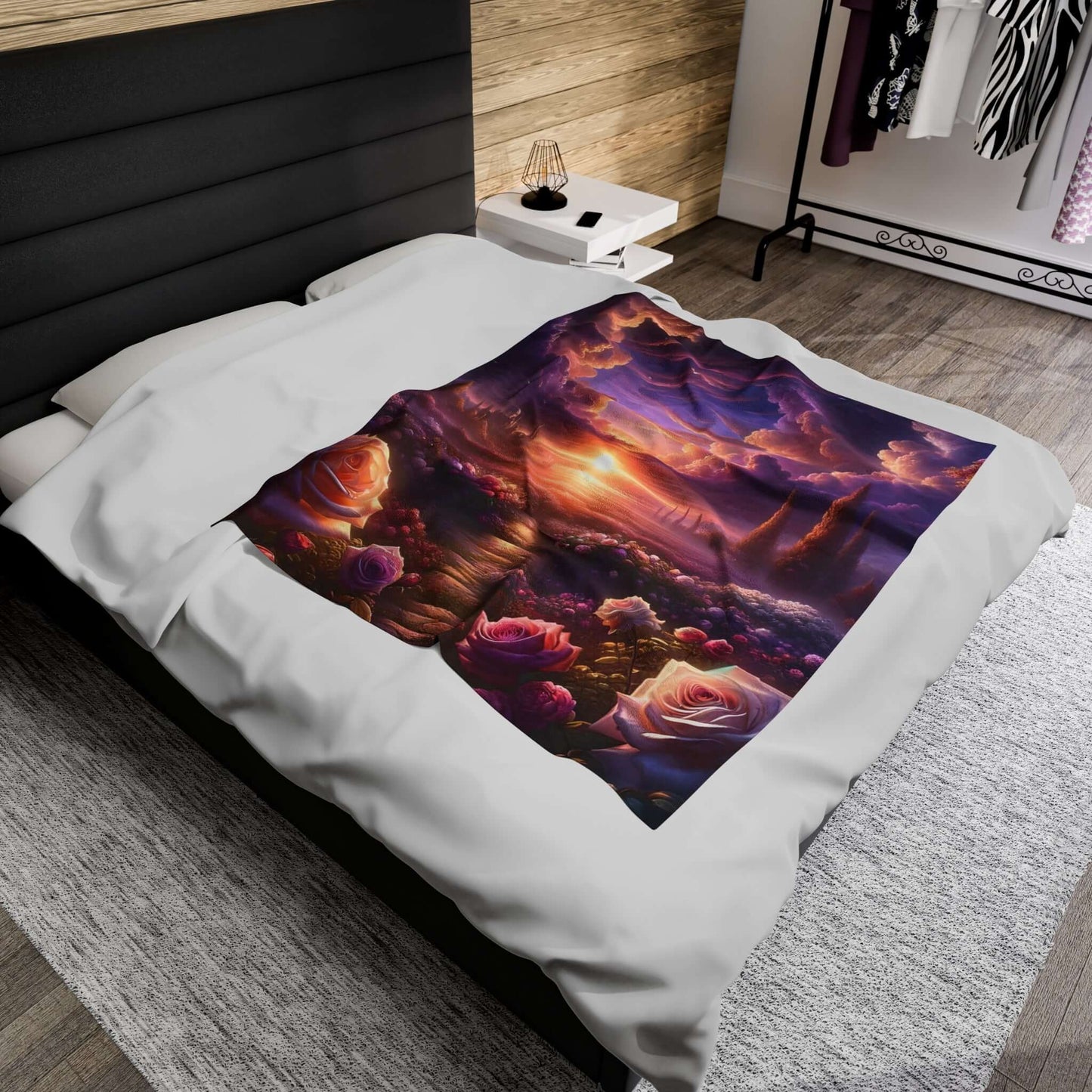 Plush velveteen blanket with vibrant celestial rose design on a bed, creating a cozy atmosphere in a stylish bedroom.
