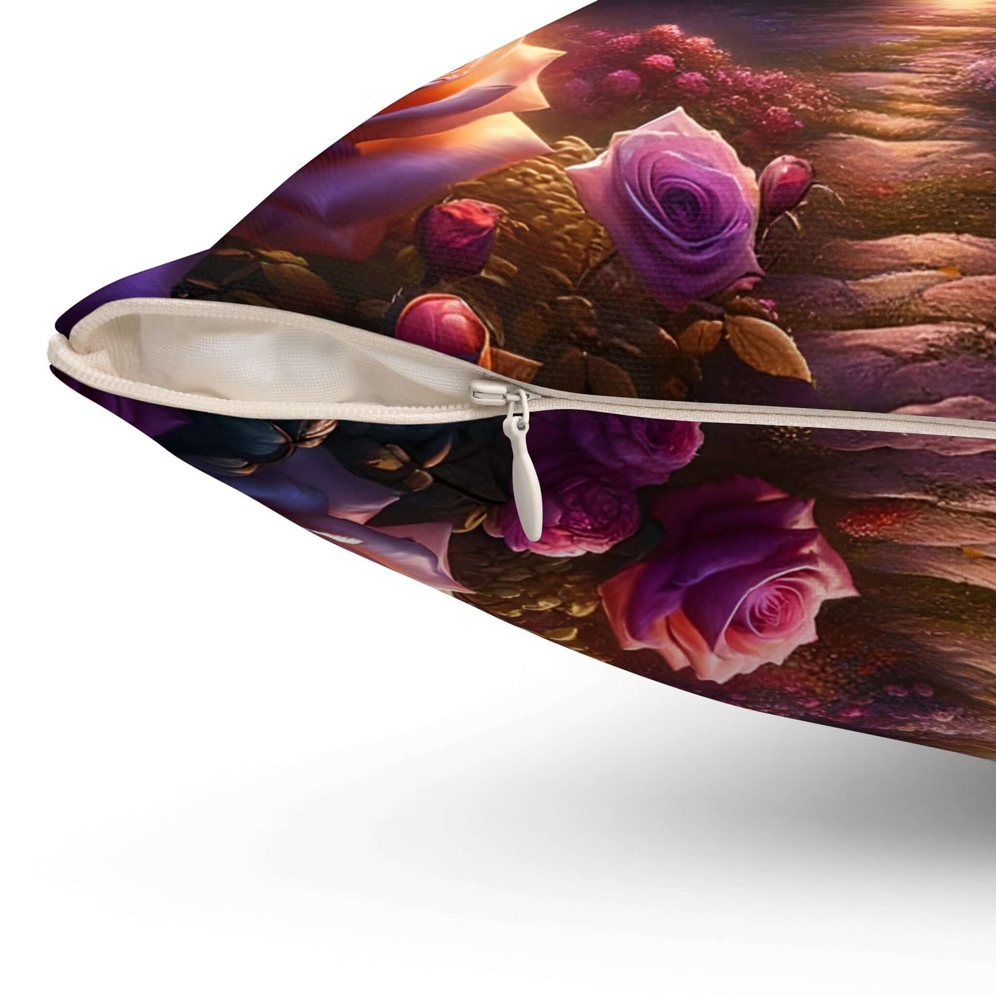Luxurious purple throw pillow with decorative rose print and concealed zipper. Perfect for adding charm to any room.