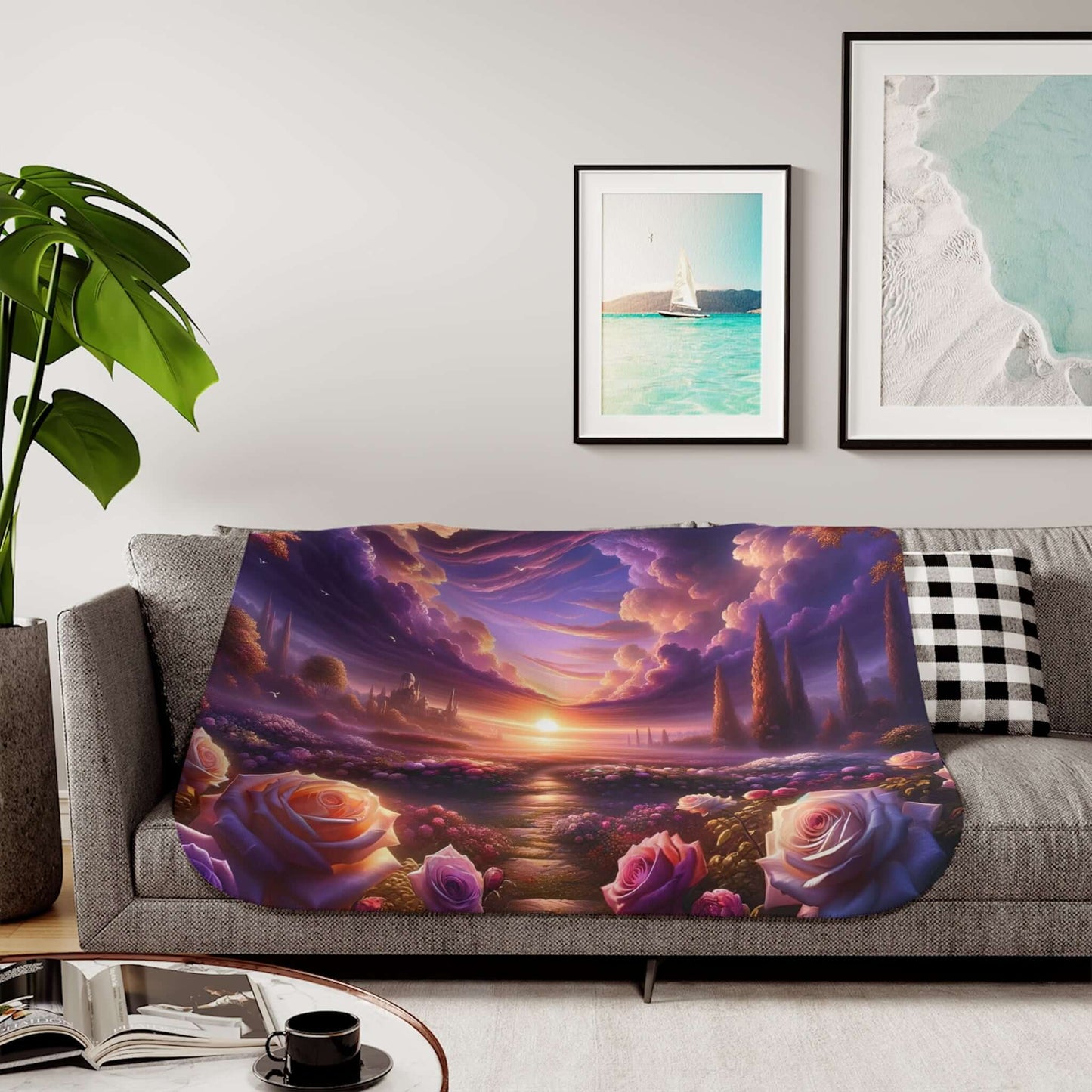 Cozy Path Parallel to Eden Sherpa Blanket with celestial rose design displayed on a modern couch.