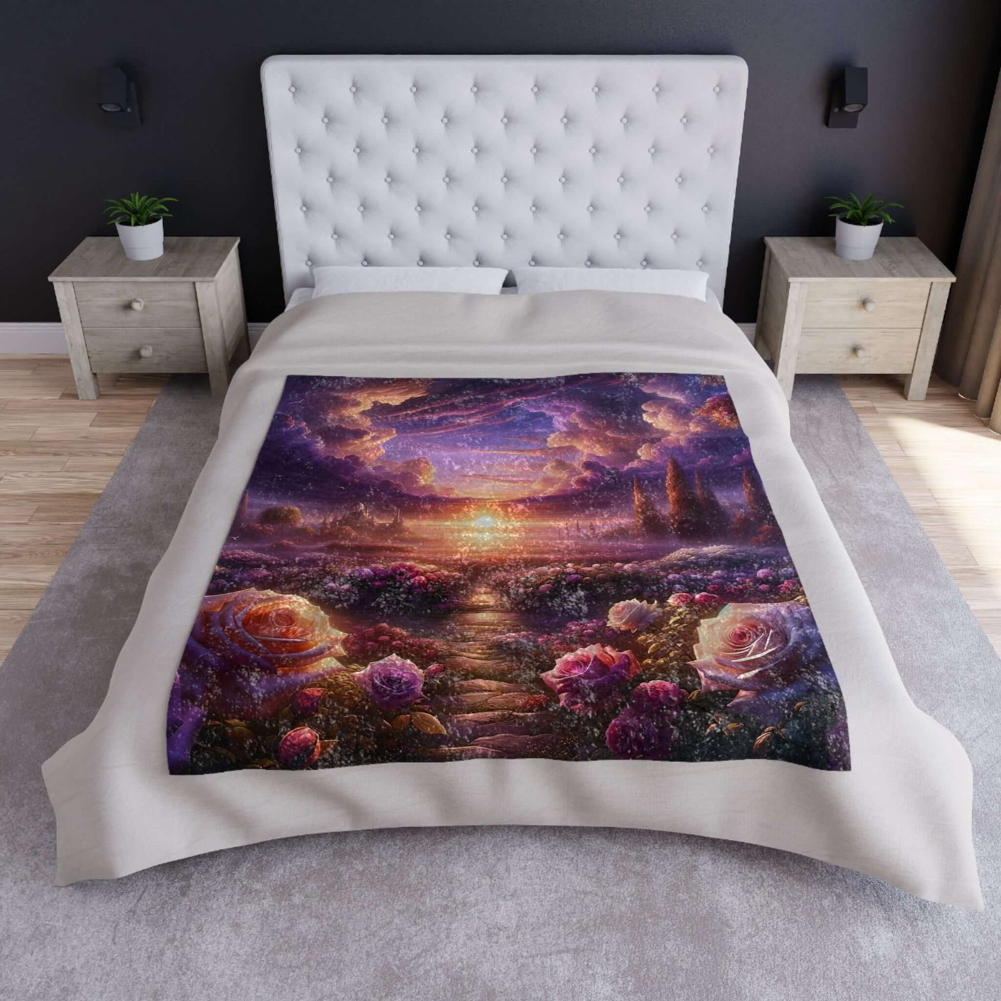 Plush crushed velvet blanket featuring a vibrant celestial garden design on a cozy bed setting.