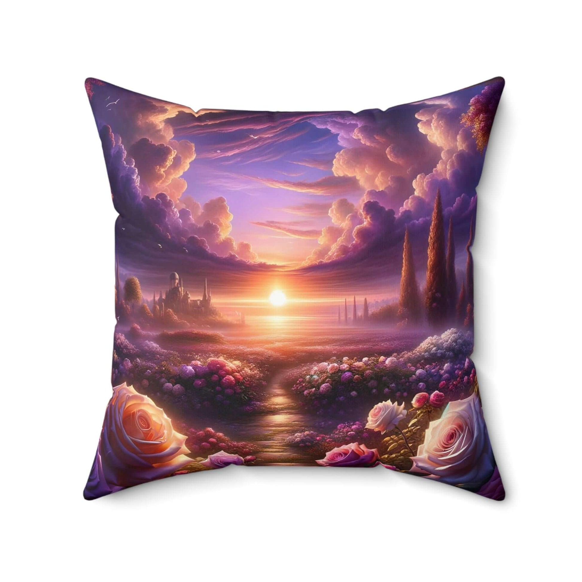 Luxurious purple and pink throw pillow featuring a serene sunset and floral scene, perfect for home décor and comfort.