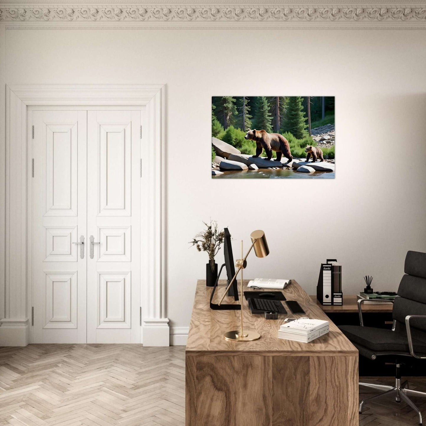 Bear and cub by the river canvas print, available in slim and thick sizes, adding nature’s essence to your home decor.