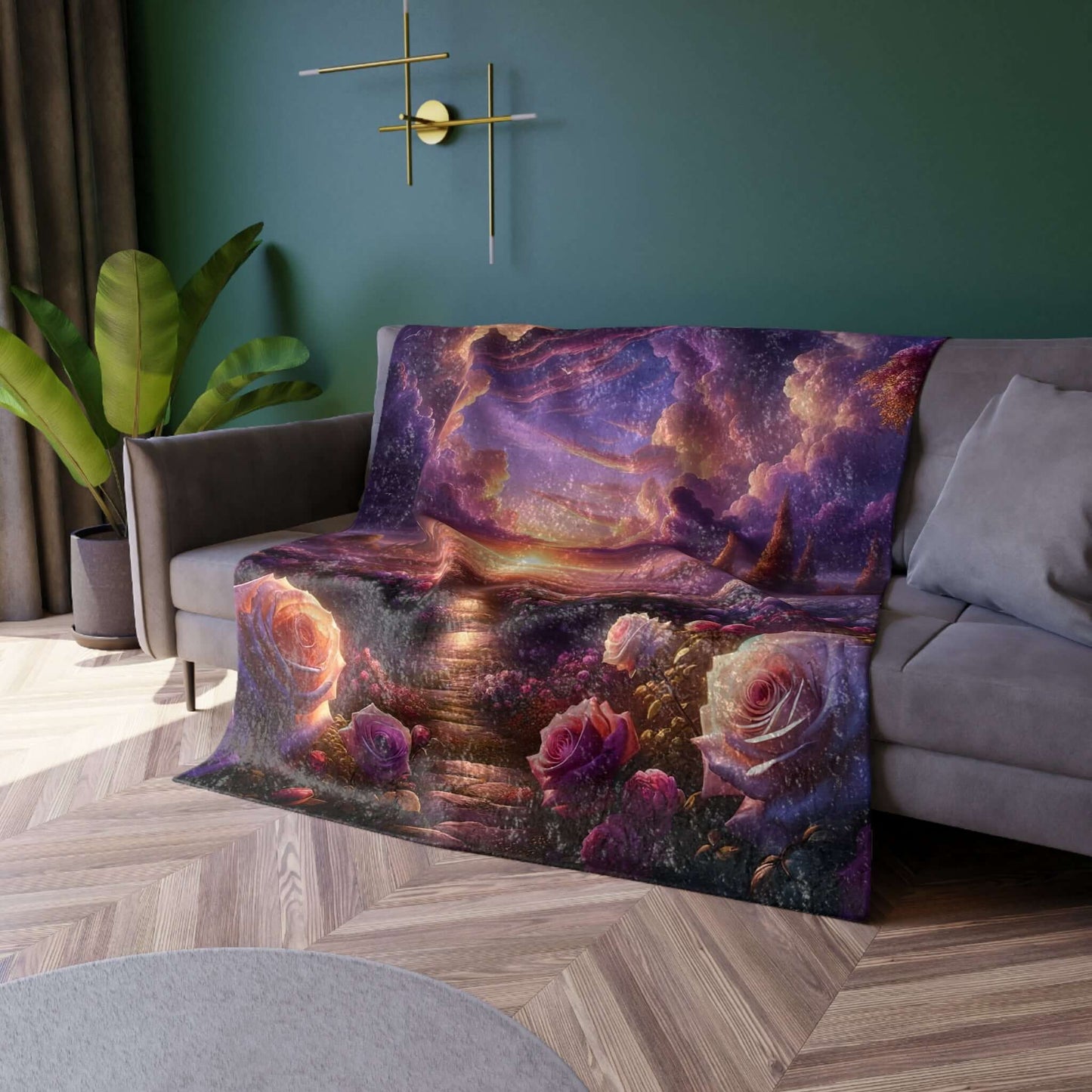 Crushed velvet blanket with celestial rose design on a couch, adding a touch of comfort and elegance to the living room.