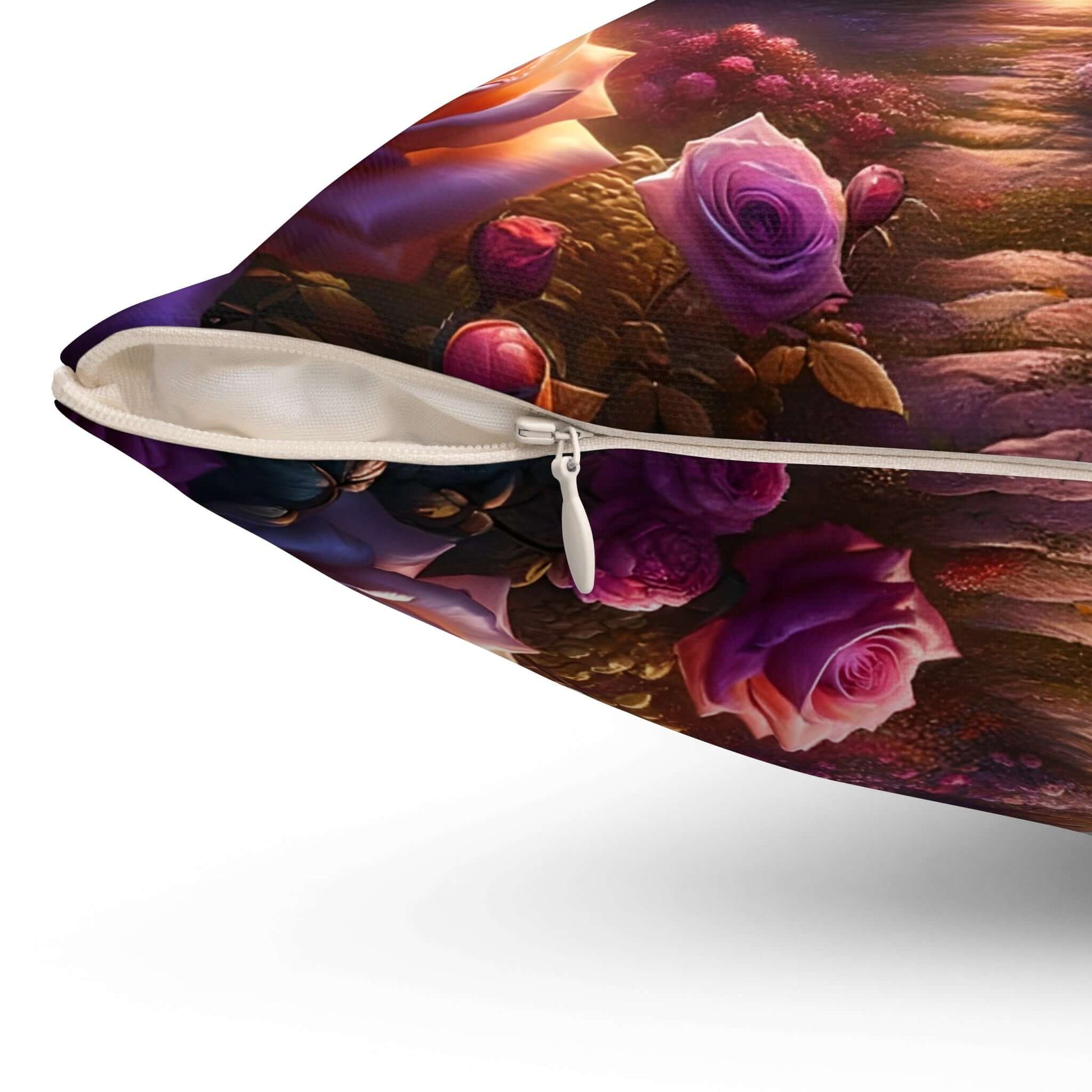 Close-up of a luxurious purple throw pillow with a concealed zipper and vibrant rose floral design.