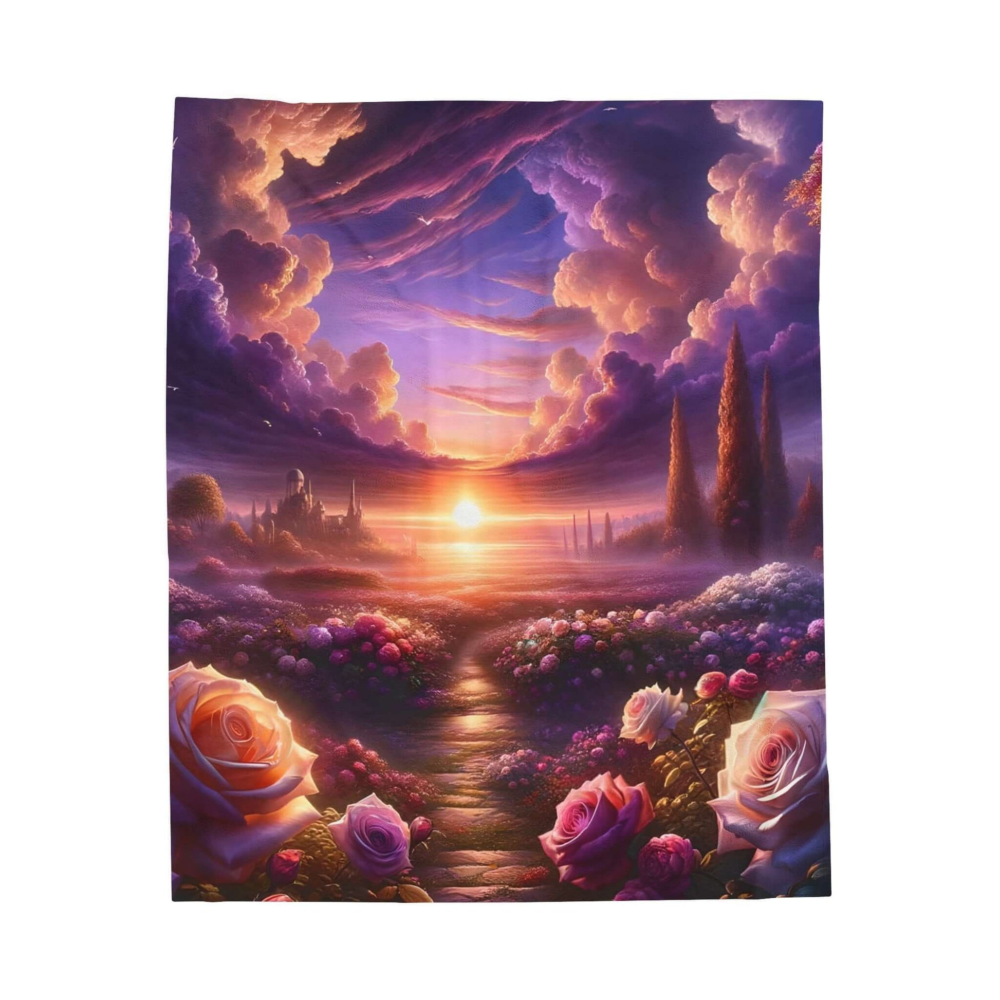 Celestial Rose Harmony plush velveteen blanket featuring vivid sunset and rose garden design, perfect for cozy decor.