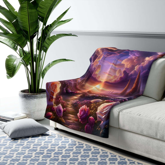 Cozy Path Parallel to Eden Sherpa fleece blanket featuring celestial rose design draped over a sofa with greenery.