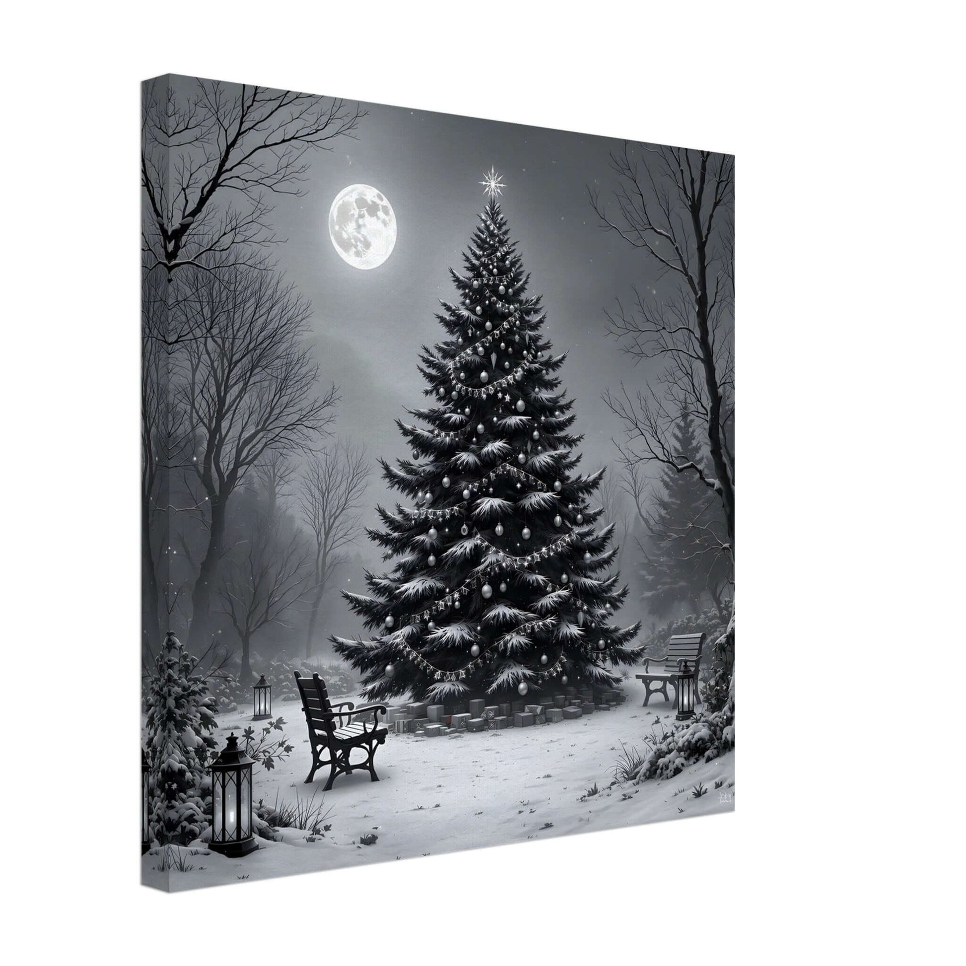 Black and white canvas print of a serene Christmas tree scene, 16x16 inches, capturing winter tranquility and nostalgia.