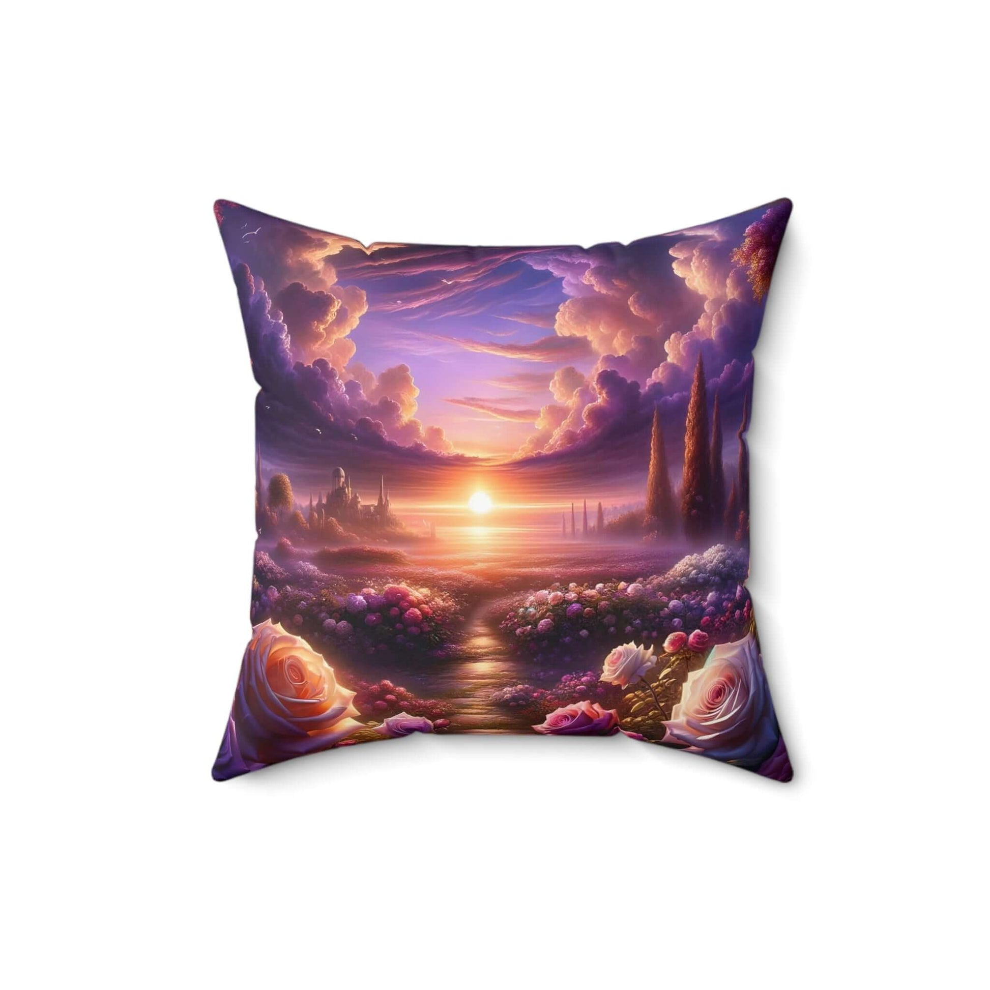 Celestial Rose Harmony purple throw pillow featuring a serene sunset and blooming roses, perfect for enhancing décor.