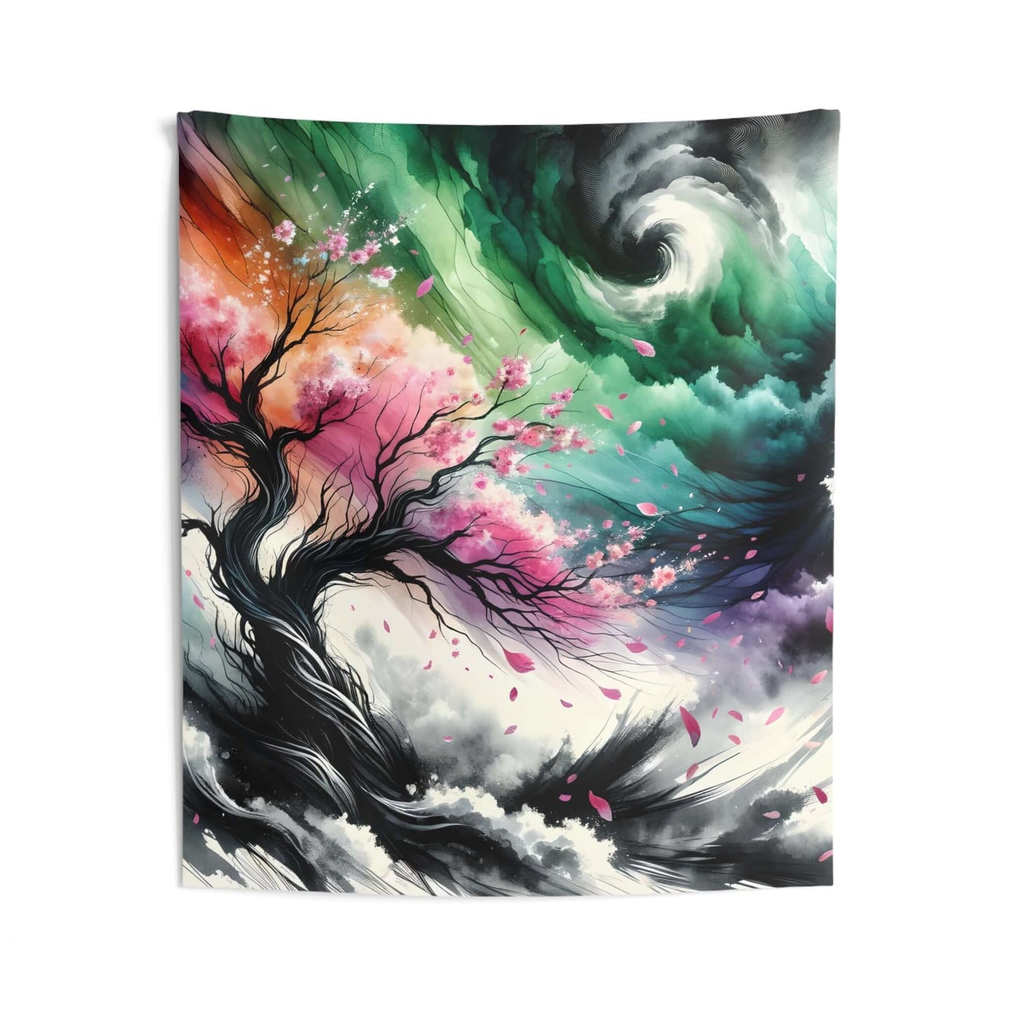 Large 'Guardian of Calm' tapestry depicting a serene tree amidst colorful swirling clouds and petals. Perfect wall decor for tranquility.