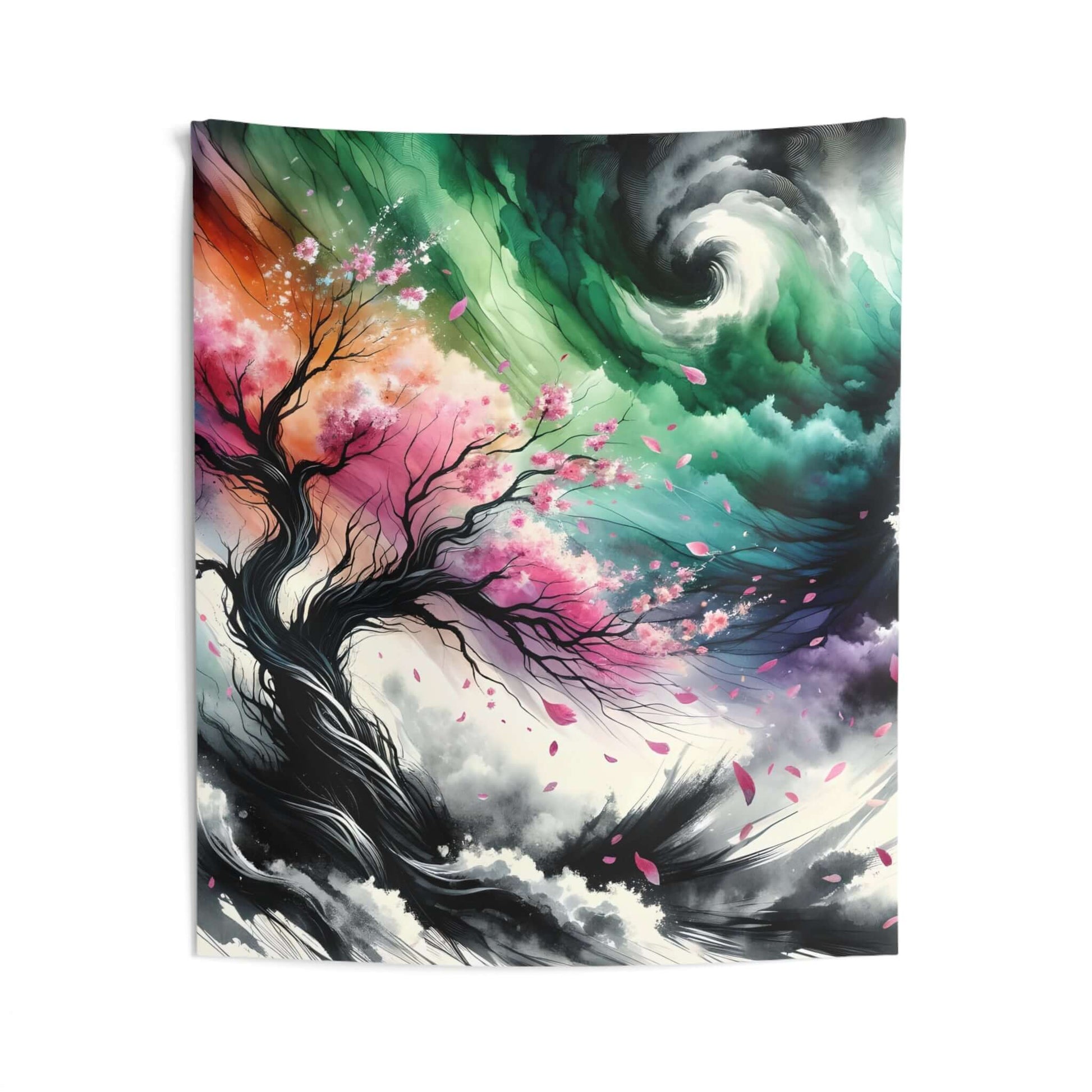 Large 'Guardian of Calm' tapestry depicting a serene tree amidst colorful swirling clouds and petals. Perfect wall decor for tranquility.