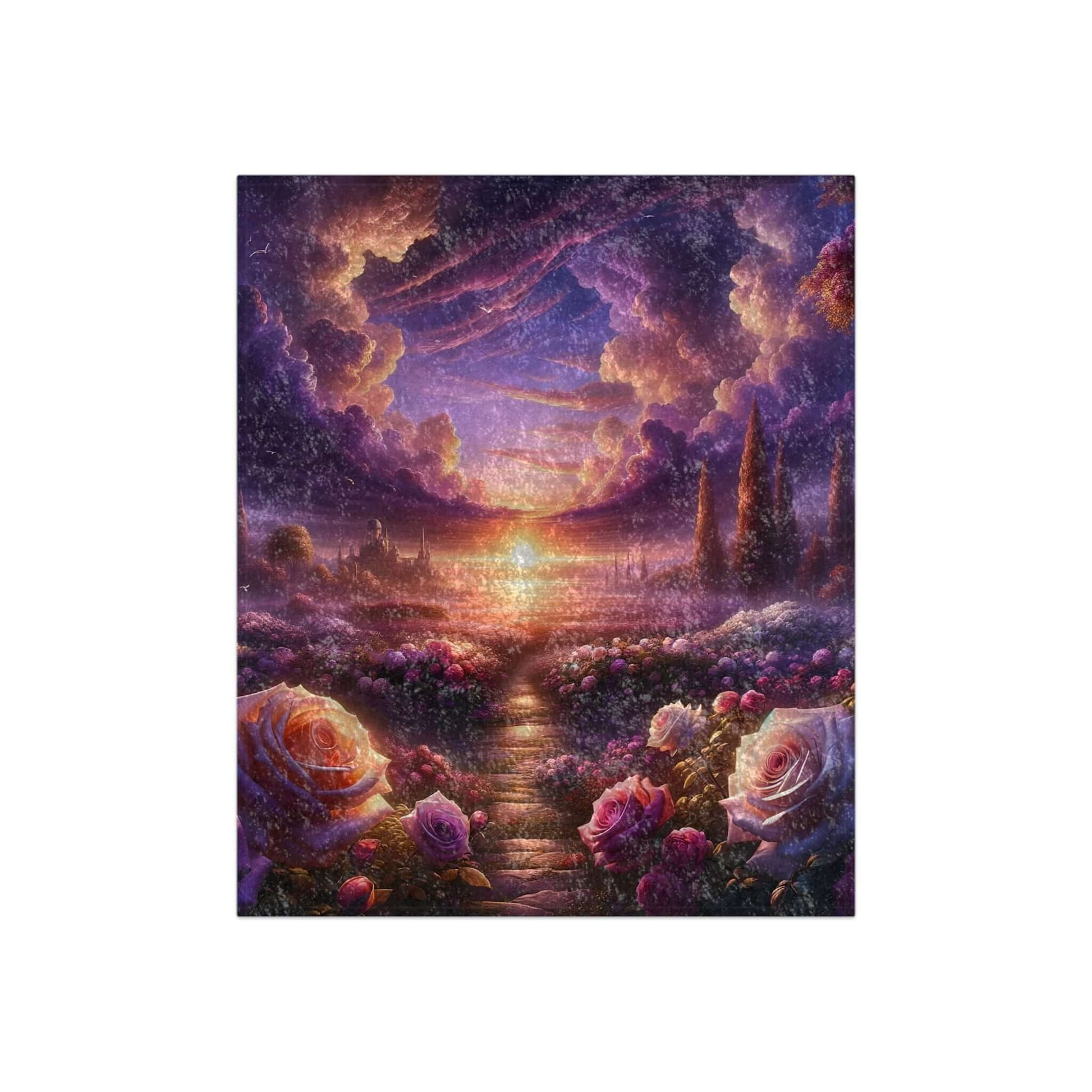 ethereal landscape with a pathway through vibrant roses leading to a sunset, featuring purple clouds and a dreamy atmosphere.