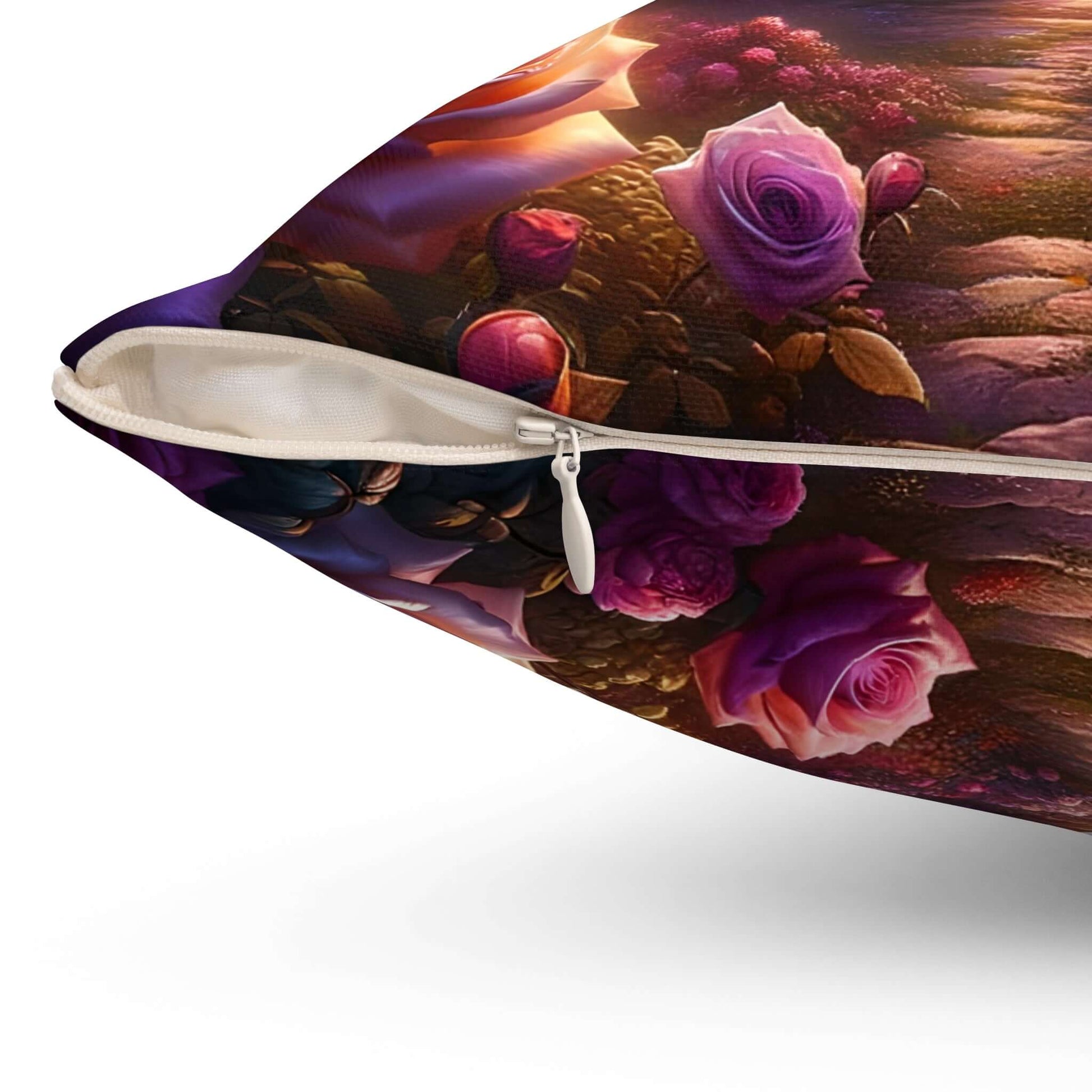 Close-up of the Celestial Rose Harmony throw pillow showcasing its concealed zipper and vibrant floral design.