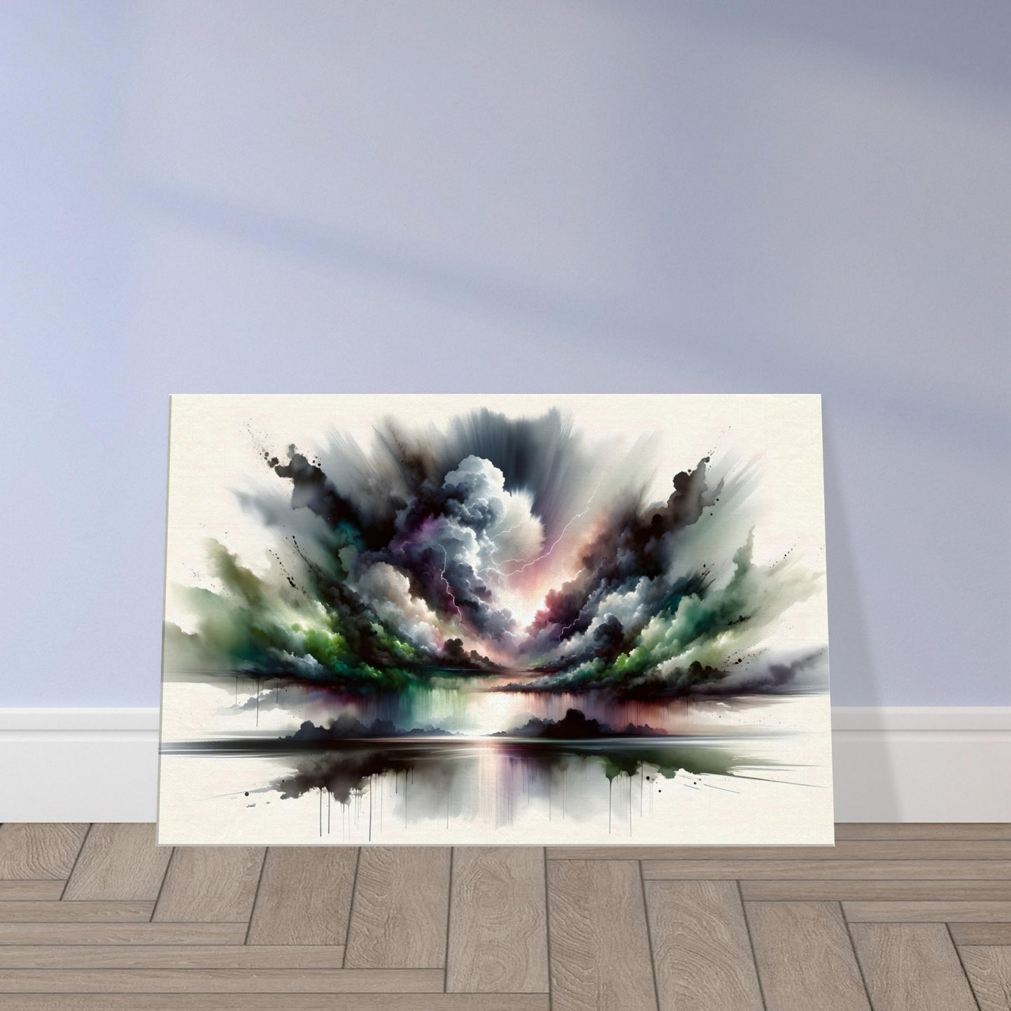 Breathtaking wall art "Calm Thoughts After the Storm" with dramatic clouds and serene colors for home decor.
