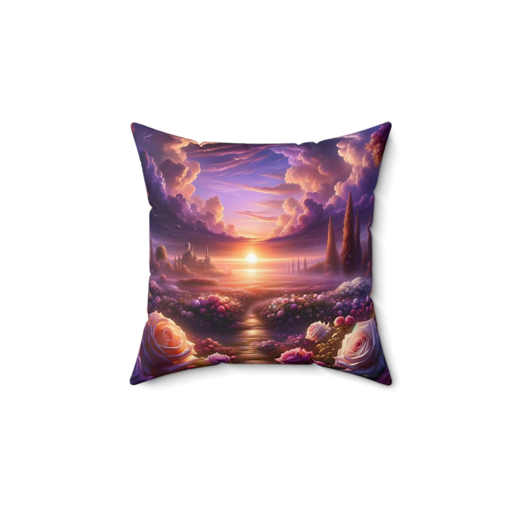 Luxurious purple throw pillow featuring a serene celestial landscape with roses and sunset, perfect for enhancing your décor.