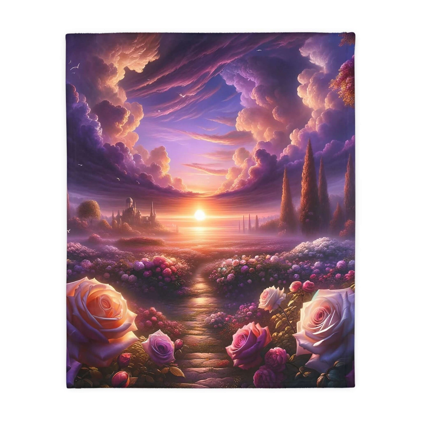 Celestial Rose Harmony velveteen blanket featuring a vibrant sunset over a blooming garden path, perfect for cozy comfort.