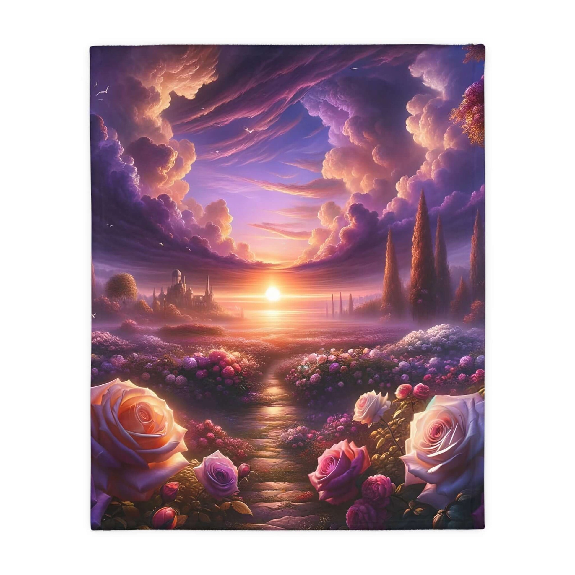 Celestial Rose Harmony velveteen blanket featuring a vibrant sunset over a blooming garden path, perfect for cozy comfort.