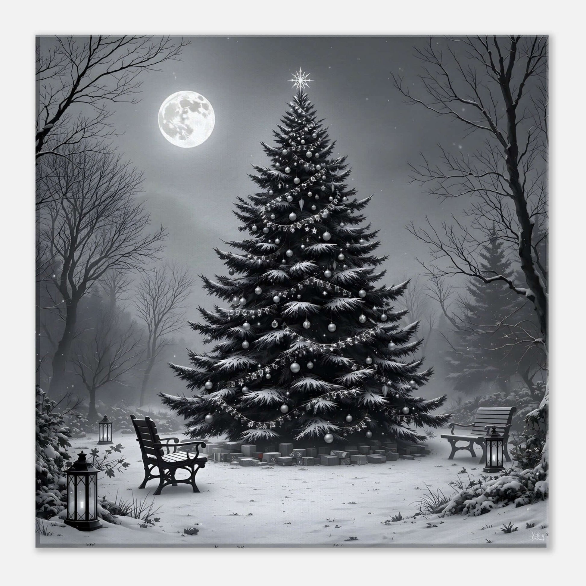 Black and white canvas print of a peaceful Christmas Eve scene with a decorated tree under the moonlight, size 24"x24".