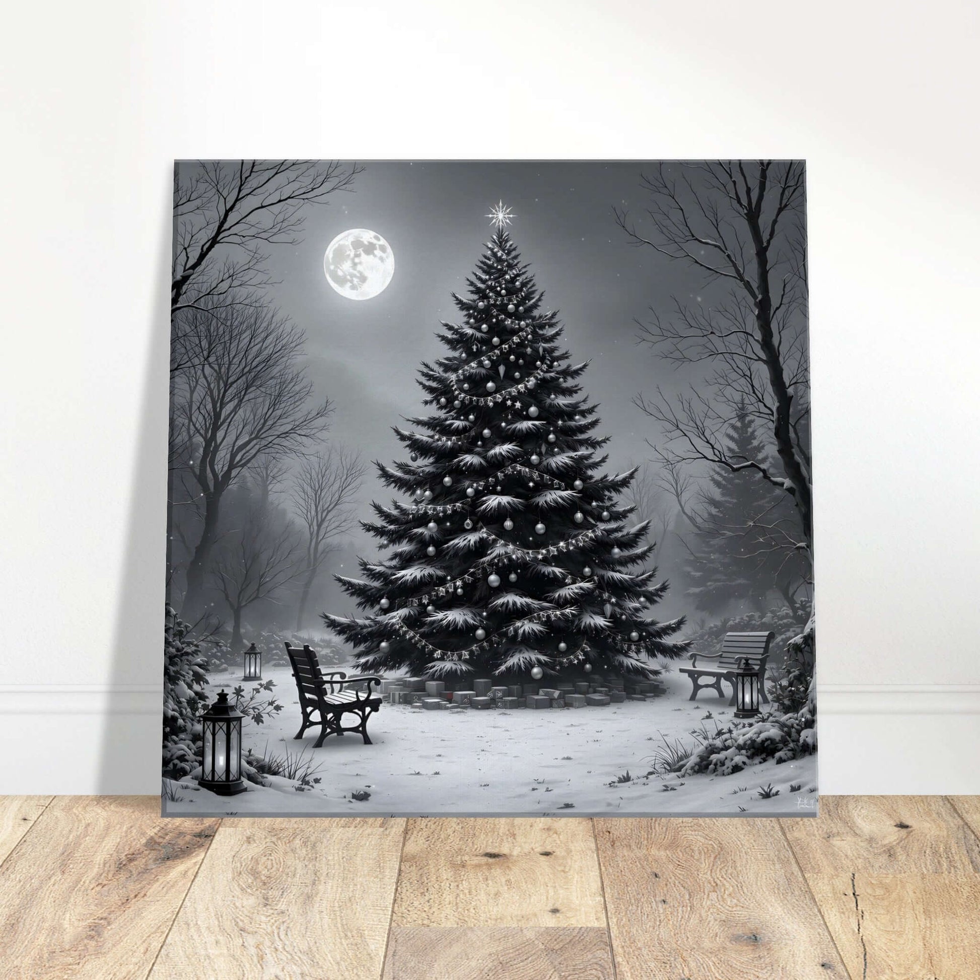 Black and white canvas print of a serene Christmas Eve scene with a decorated tree, size 24x24 inches, enhancing winter nostalgia.