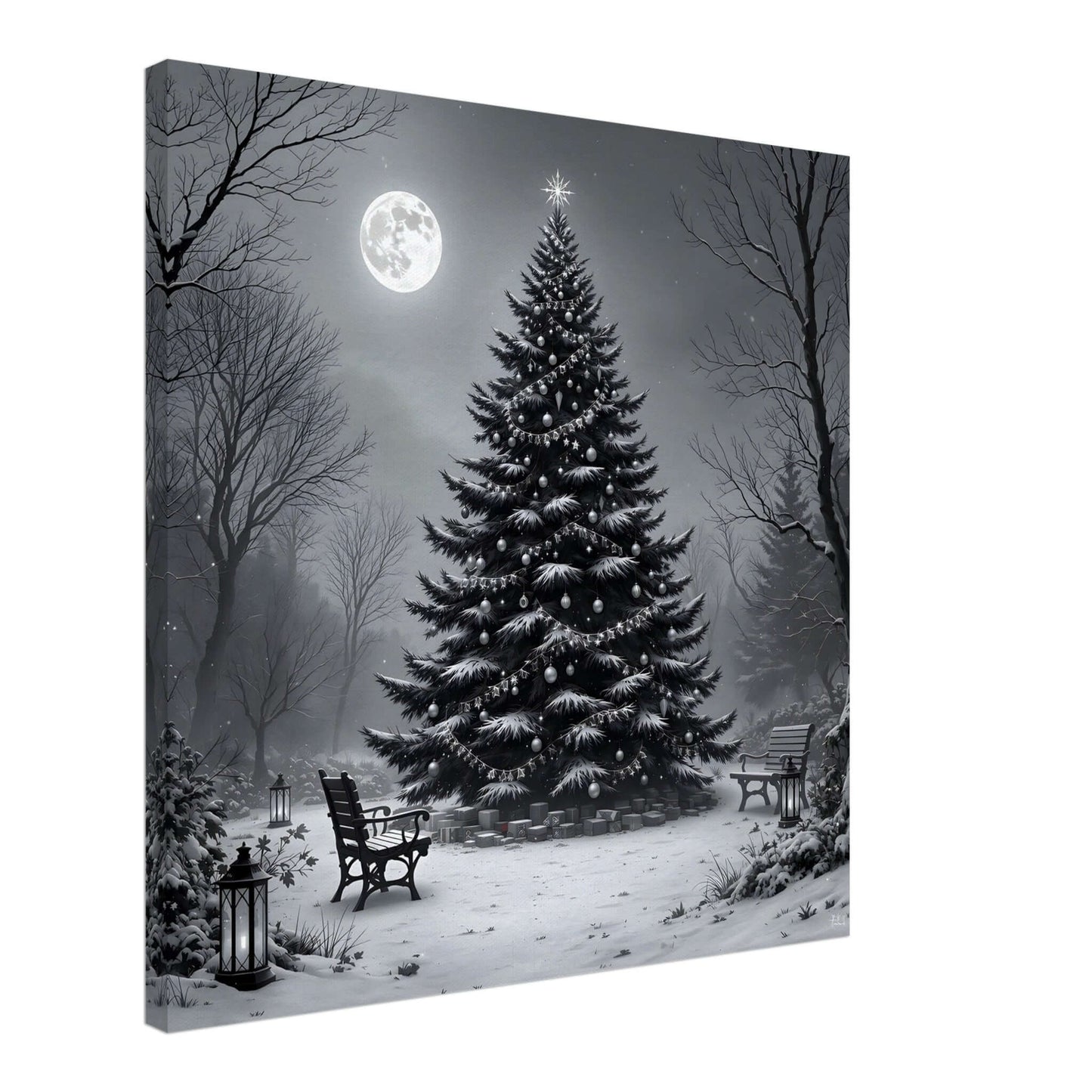 Black and white canvas print of a serene Christmas Eve scene with a decorated tree and moon, 16x16 inches.