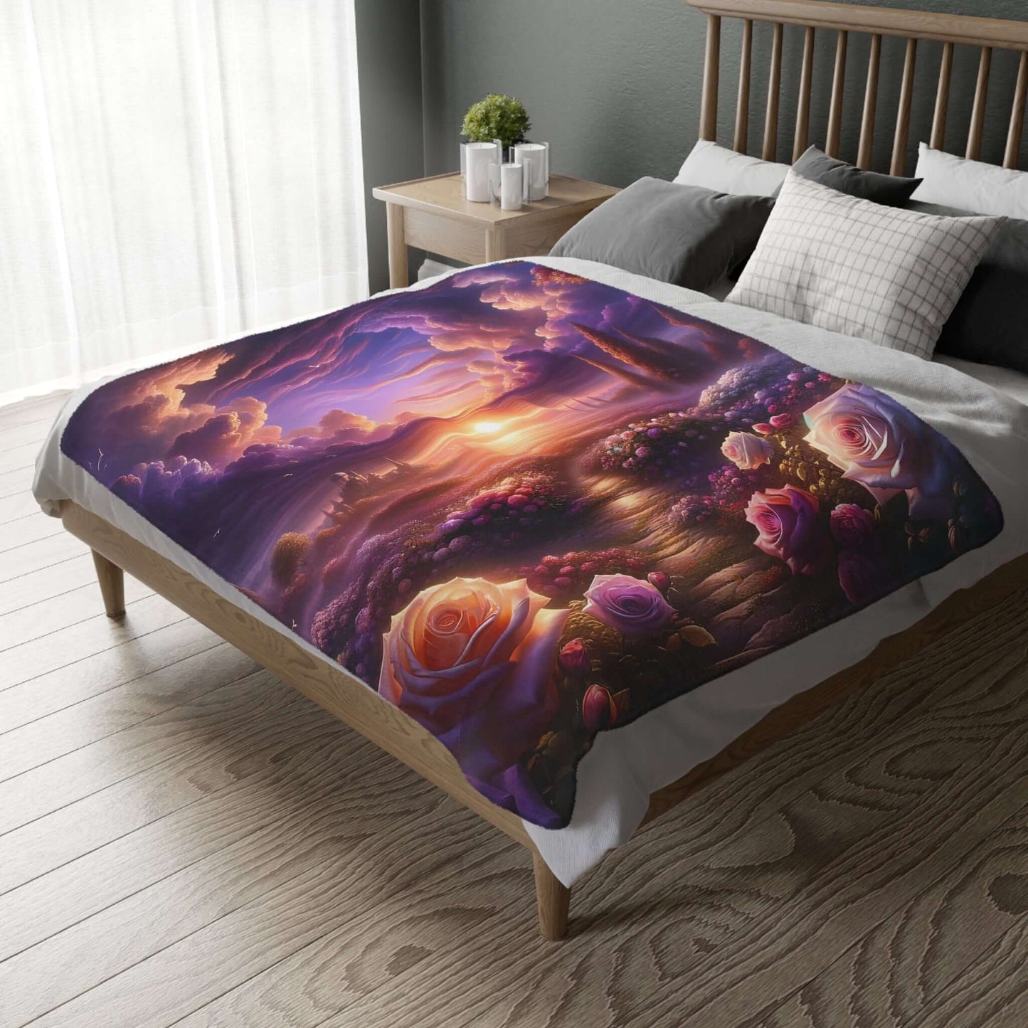 velveteen microfiber blanket featuring celestial rose design on a bed in a cozy room setting