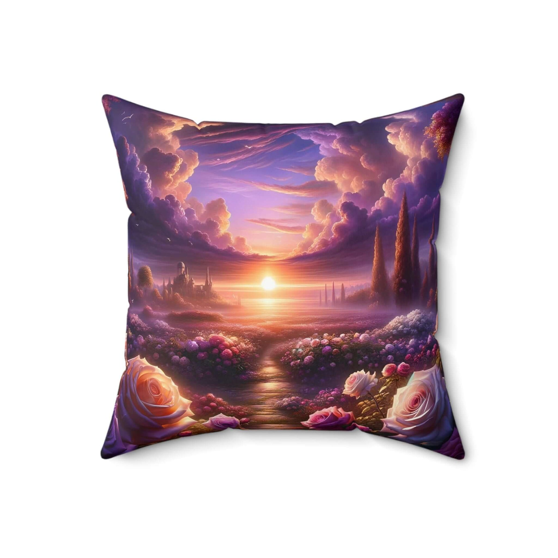 Luxurious Celestial Rose Harmony purple throw pillow featuring a serene sunset and floral design, perfect for home décor.