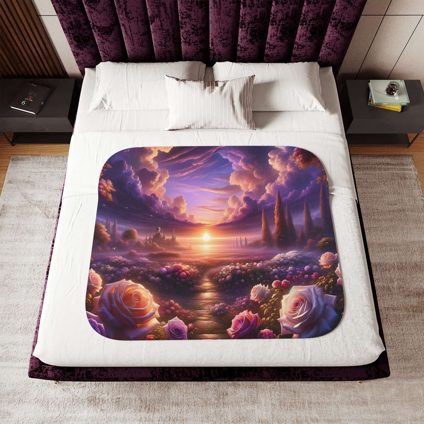 Cozy Path Parallel to Eden Sherpa Blanket on a bed with celestial rose design and sunset scenery. Perfect for warmth and decor.