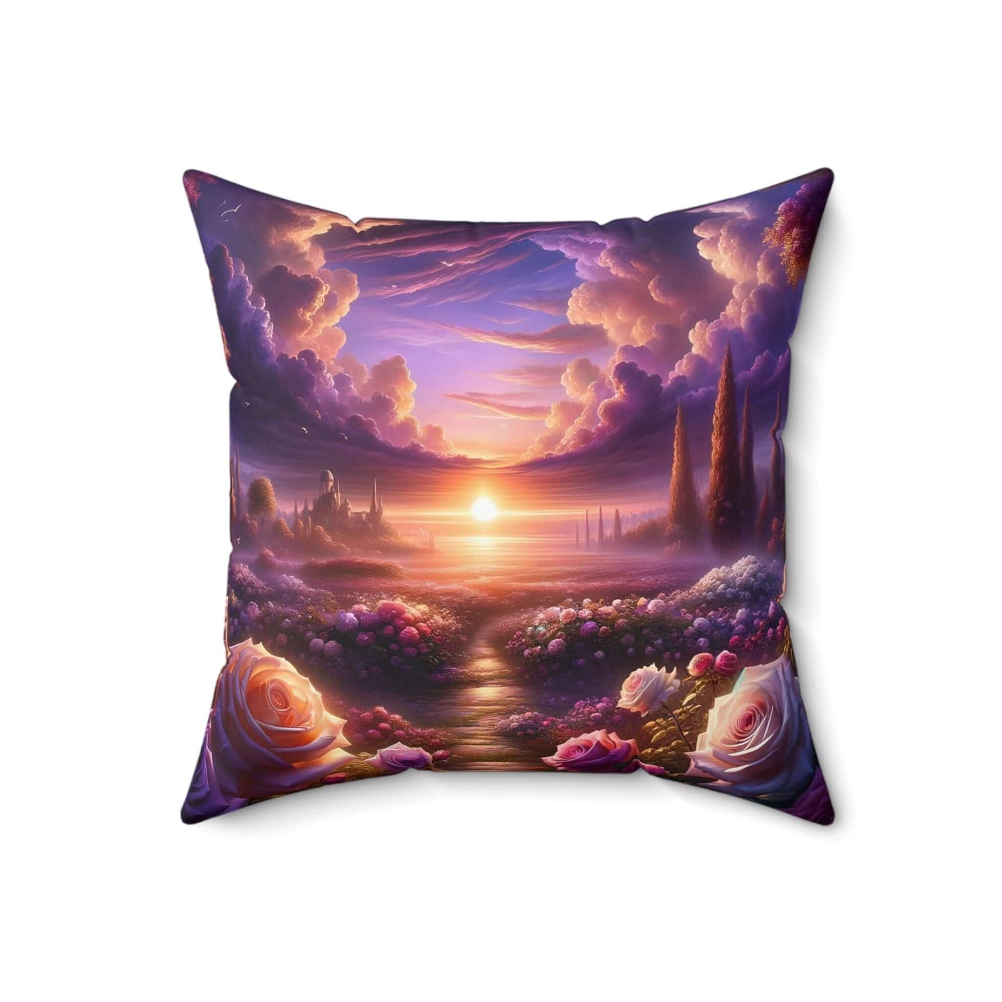 Luxurious purple throw pillow featuring a stunning sunset and floral design, perfect for home décor and comfort.