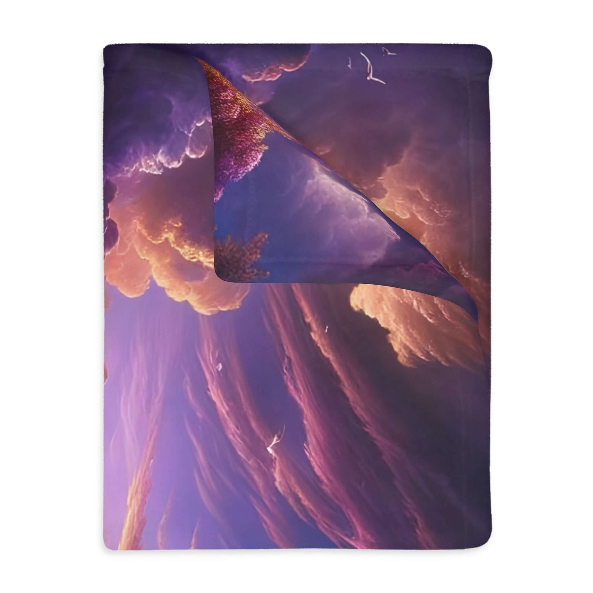 Celestial Rose Harmony velveteen microfiber blanket featuring vibrant clouds and a dreamy landscape design.