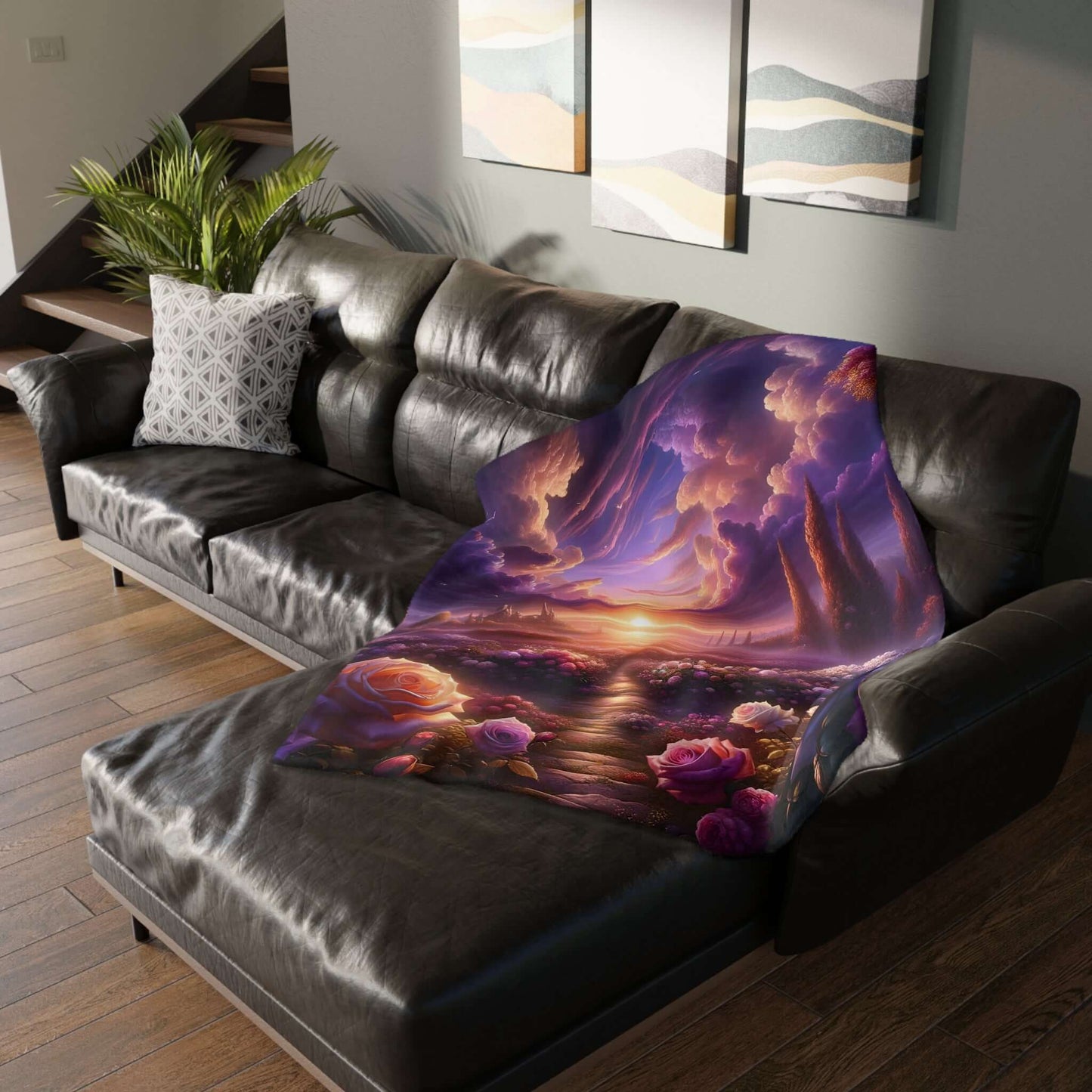 Cozy velveteen microfiber blanket featuring a celestial rose design draped on a modern sofa in a stylish living room.