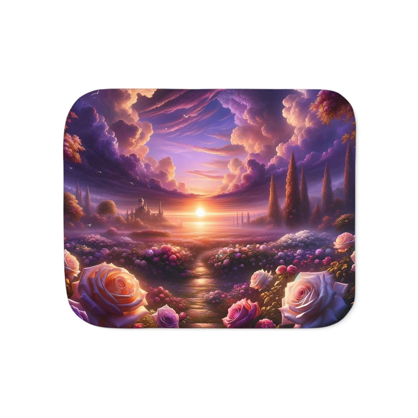 Celestial Rose Harmony blanket featuring a serene sunset with roses, soft colors, and lush scenery, perfect for cozying up.