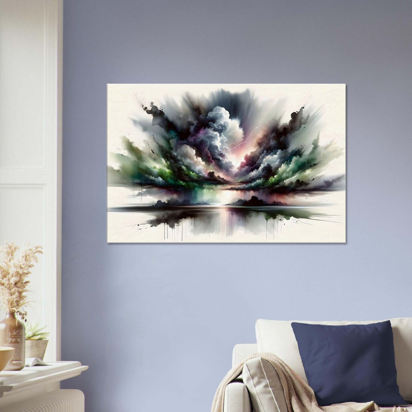 Calm Thoughts After the Storm wall art featuring serene clouds in deep blues, grays, and soft greens, enhancing home decor.