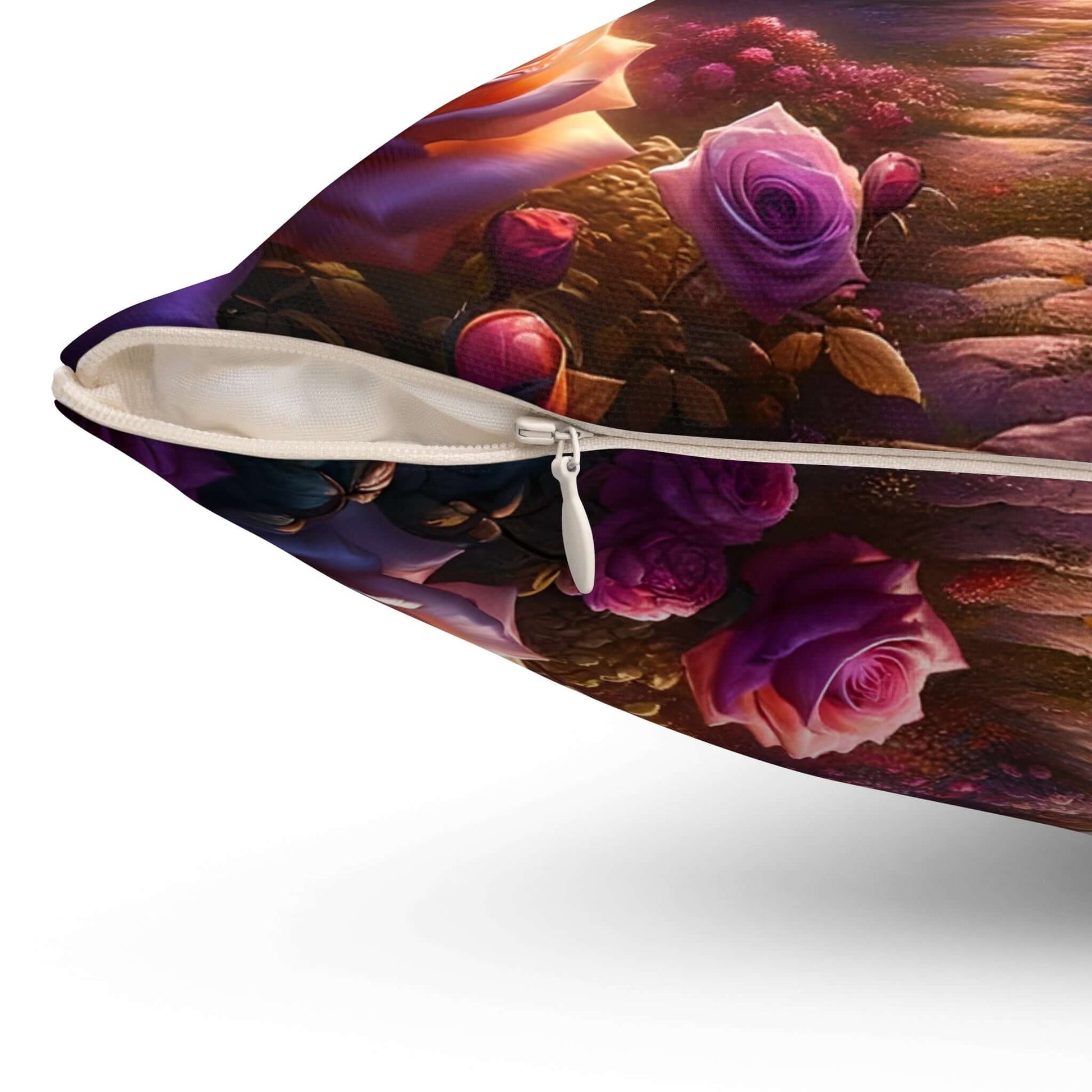 Close-up of the concealed zipper and vibrant floral design on the Celestial Rose Harmony Purple Throw Pillow.