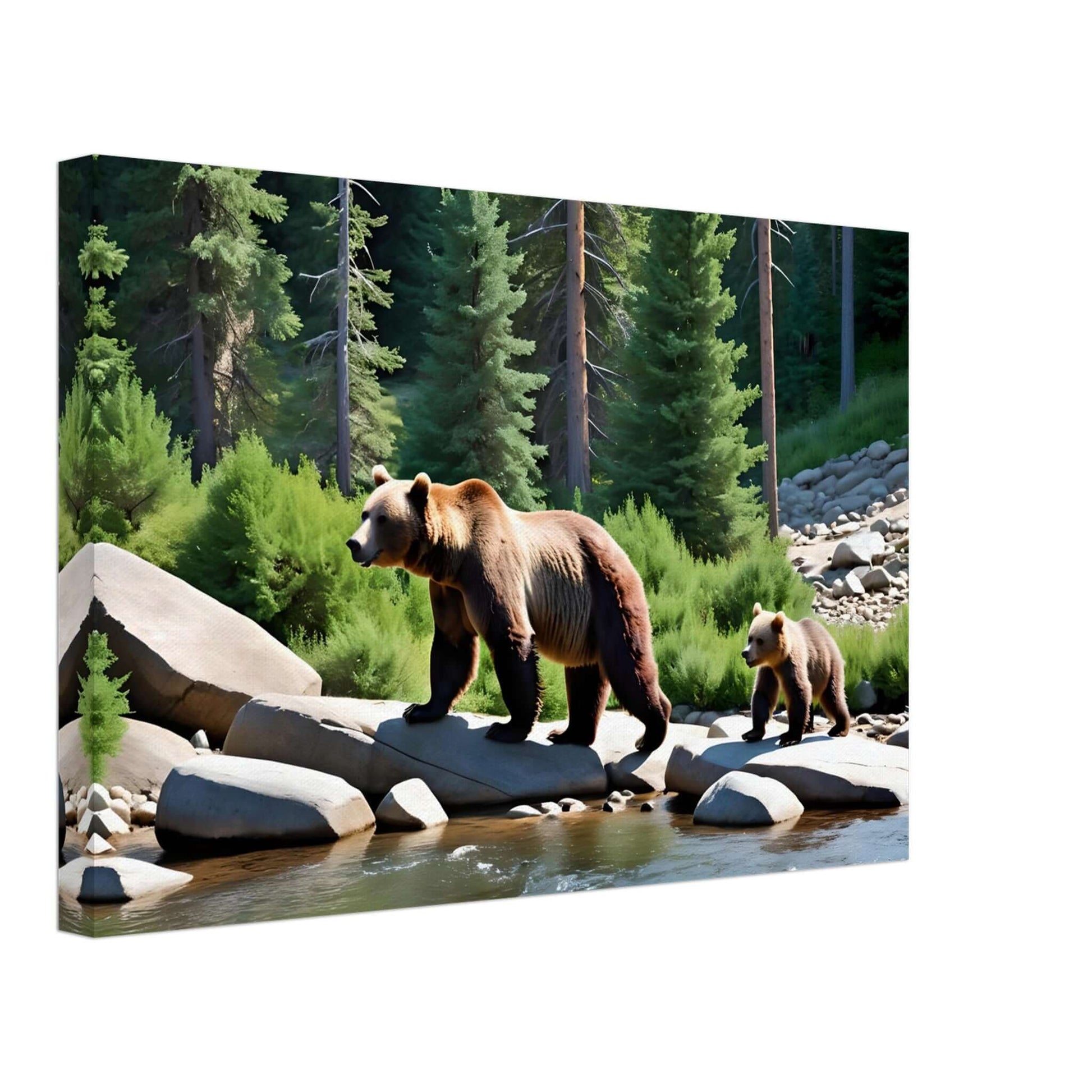Bear and cub walking by the river on canvas print, available in slim and thick sizes for nature lovers.