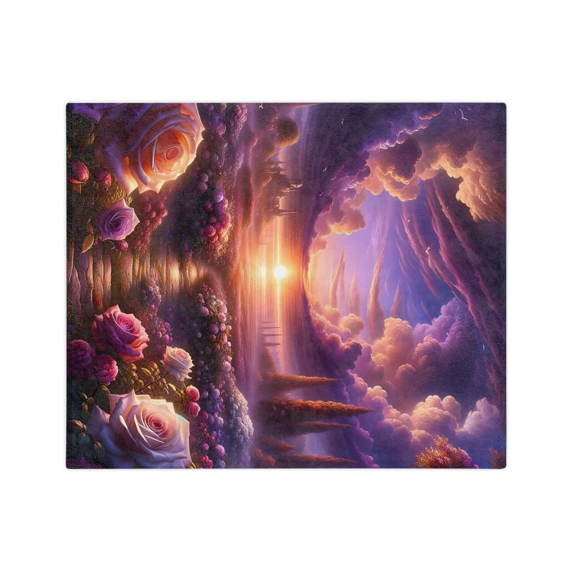 Vibrant landscape artwork featuring roses and a sunset over rolling hills, evoking a serene and dreamy atmosphere.