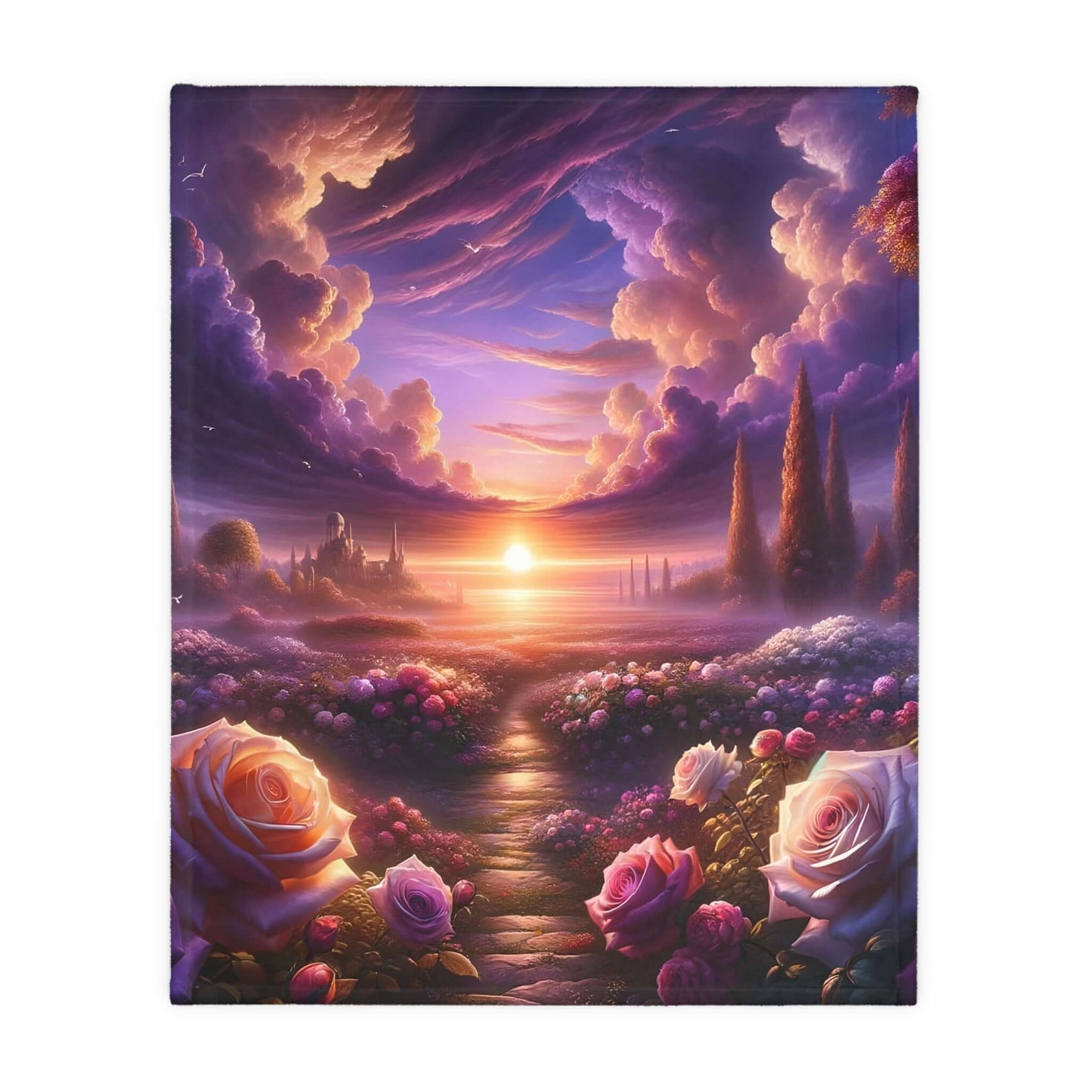 Celestial rose pathway blanket featuring a vibrant sunset over a floral landscape with soft pastel colors.