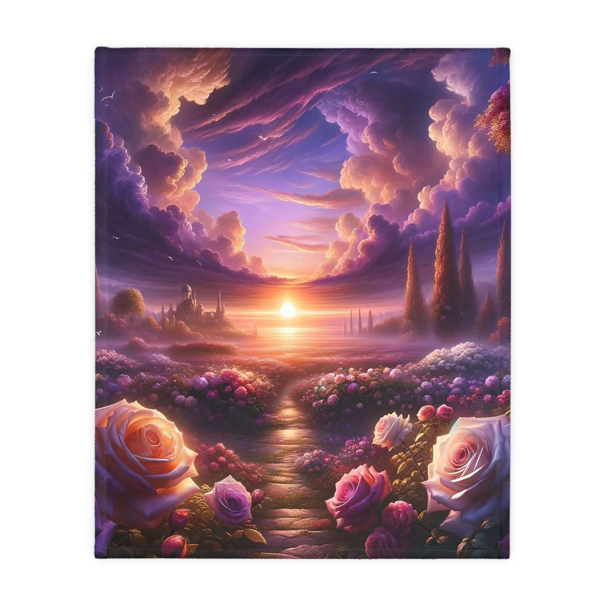 Celestial rose pathway blanket featuring a vibrant sunset over a floral landscape with soft pastel colors.