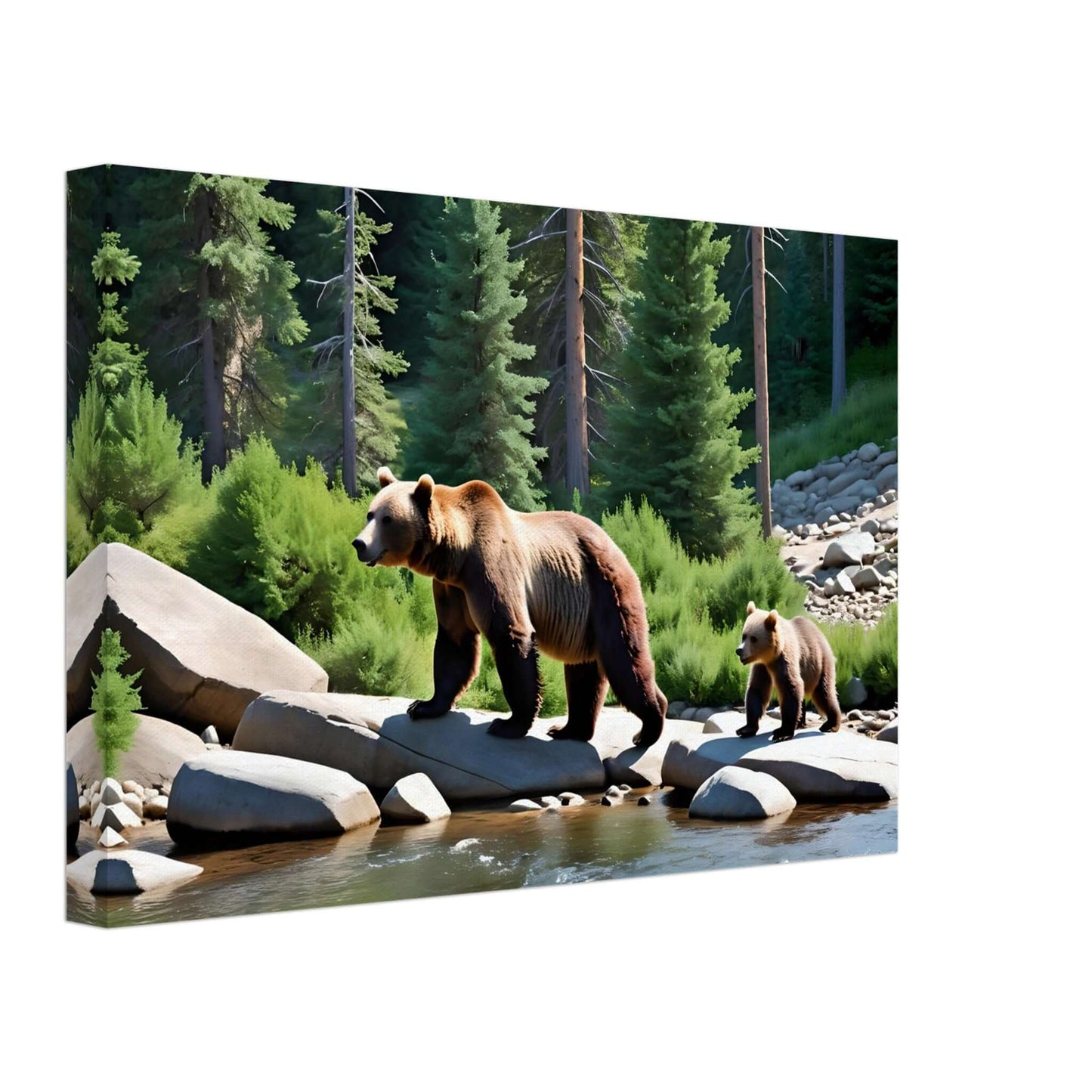 Canvas print of a mother bear and cub by the river, perfect for woodland decor, available in slim and thick sizes.