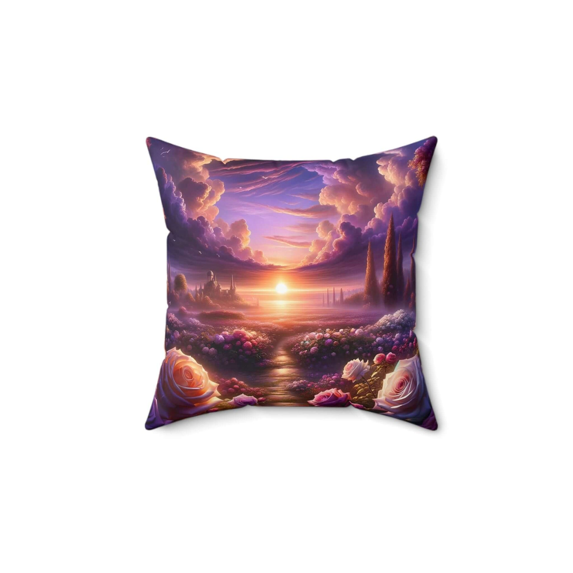 Celestial Rose Harmony throw pillow featuring a vibrant sunset and floral design in purple and pink hues. Perfect for home décor.