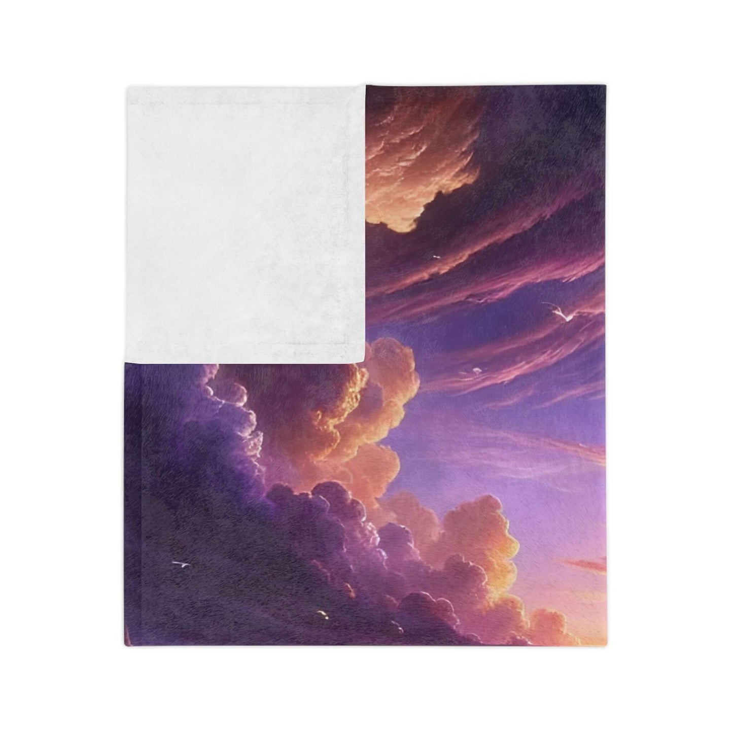 Velveteen microfiber blanket featuring a vibrant sky design with soft clouds and a cozy white corner for added comfort.