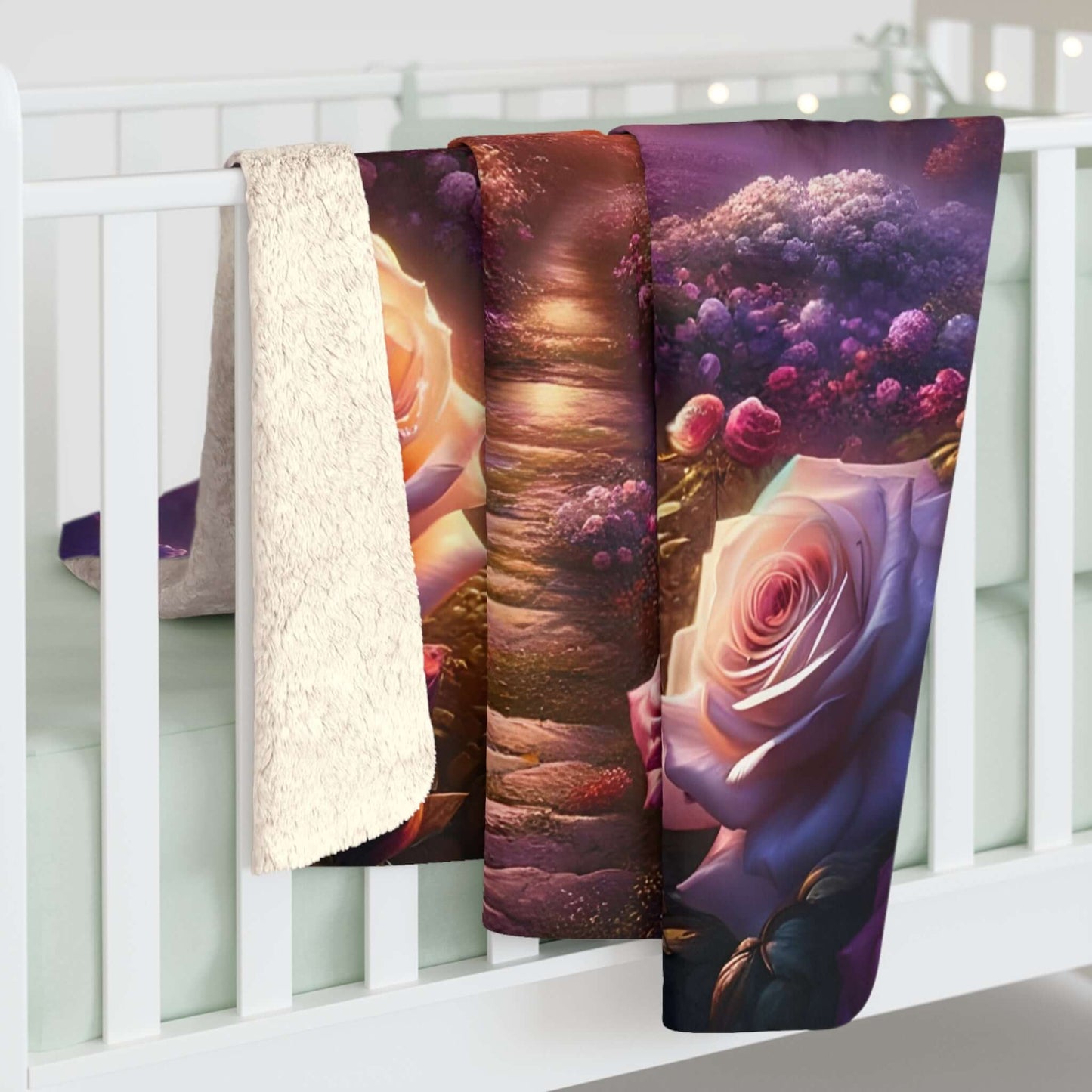 Cozy Path Parallel to Eden Sherpa fleece blanket draped over crib, featuring vibrant rose and celestial design.