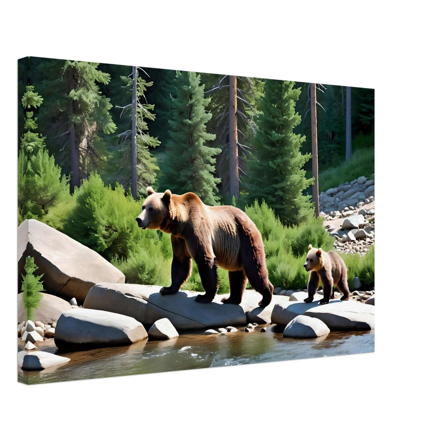 Canvas print of a mother bear and cub by the river, surrounded by lush greenery, available in slim and thick sizes.