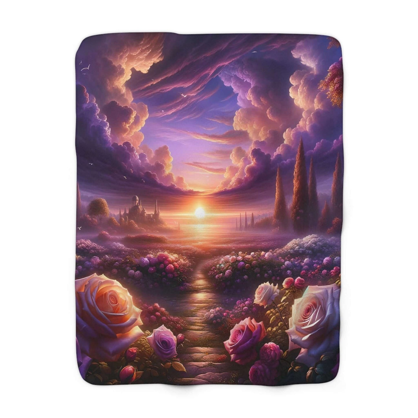 Soft fleece blanket featuring a vibrant sunset over a rose garden, perfect for cozying up at home or outdoors.