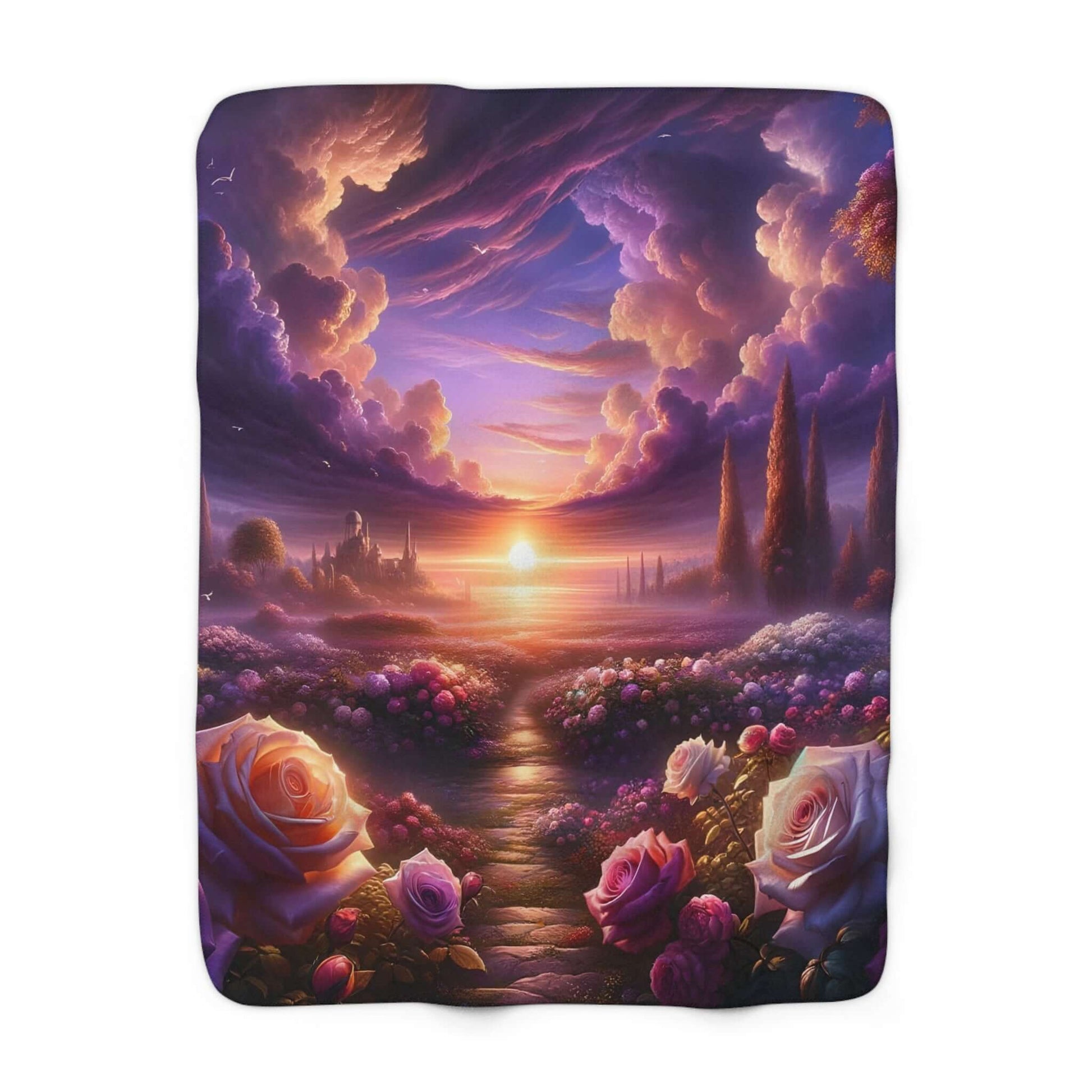 Soft fleece blanket featuring a vibrant sunset over a rose garden, perfect for cozying up at home or outdoors.