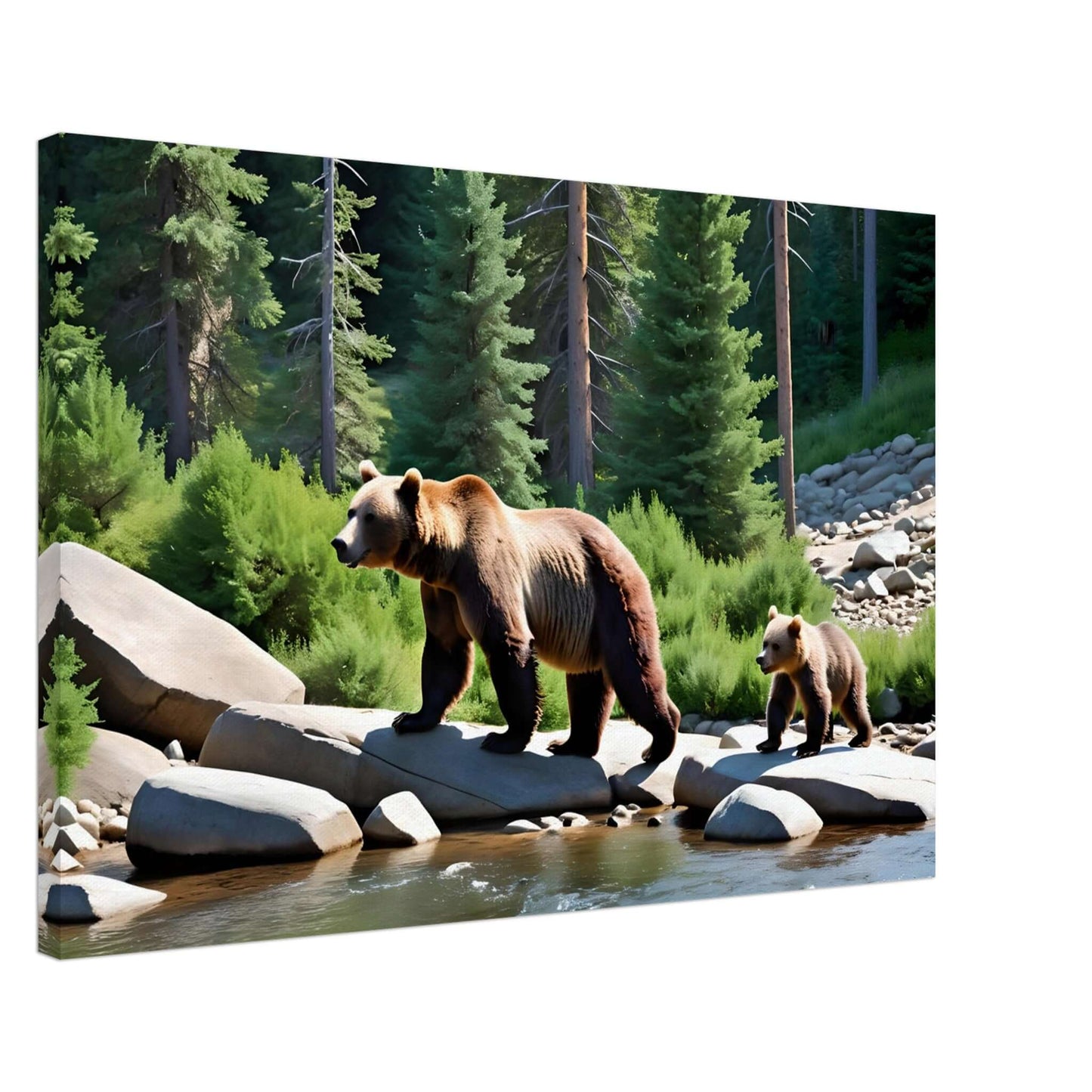 Canvas print featuring a mother bear and cub by the river, available in slim and thick sizes, showcasing wilderness spirit.