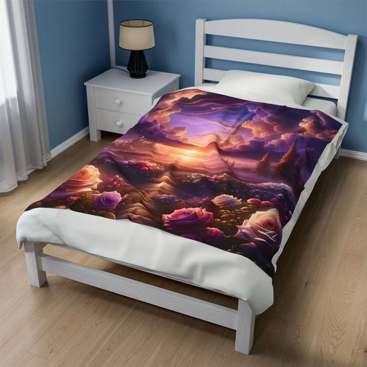 Cozy bed with Celestial Rose Harmony plush velveteen blanket, featuring vibrant sunset and floral design for a warm atmosphere.