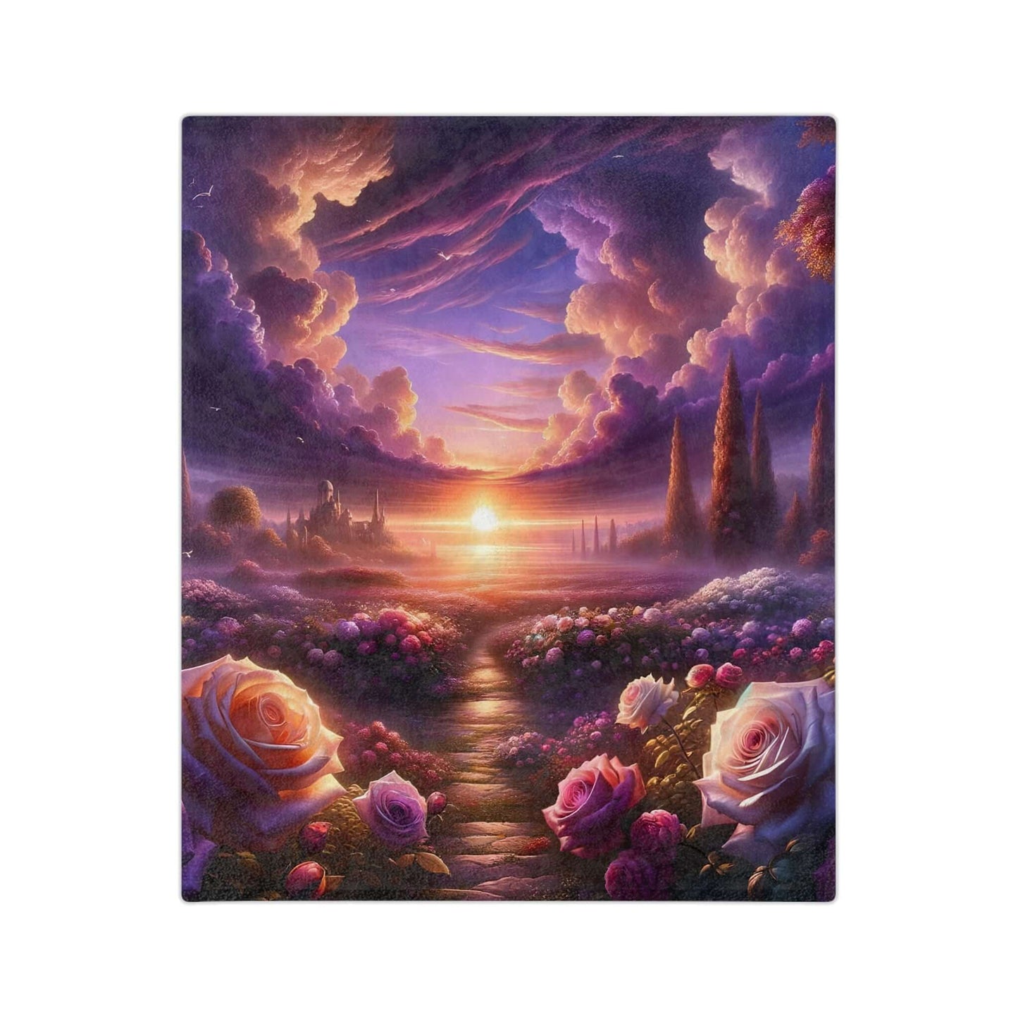 Velveteen microfiber blanket featuring a serene sunset pathway surrounded by vibrant roses and lush scenery.