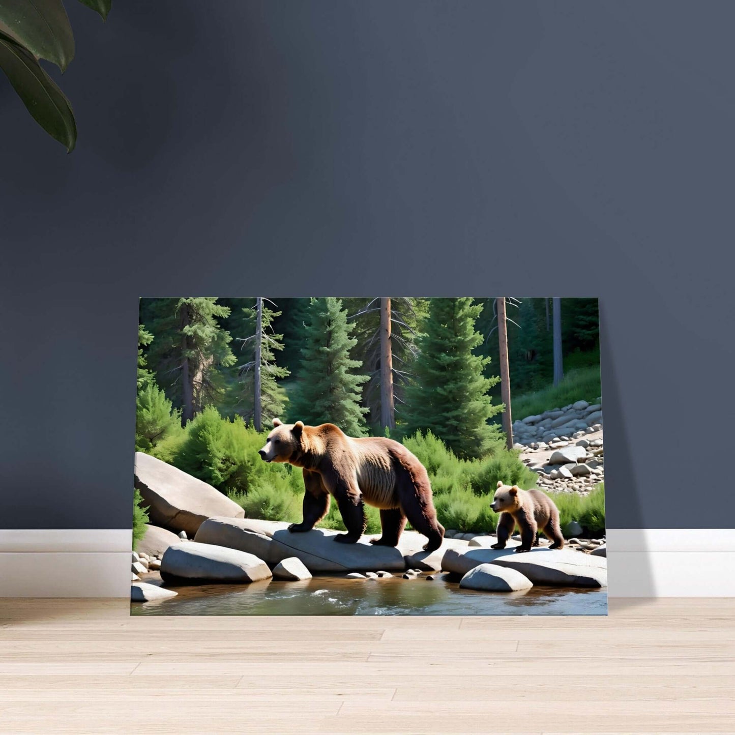 Mother bear and cub crossing river rocks in canvas print, bringing wilderness charm to your home, available in multiple sizes.