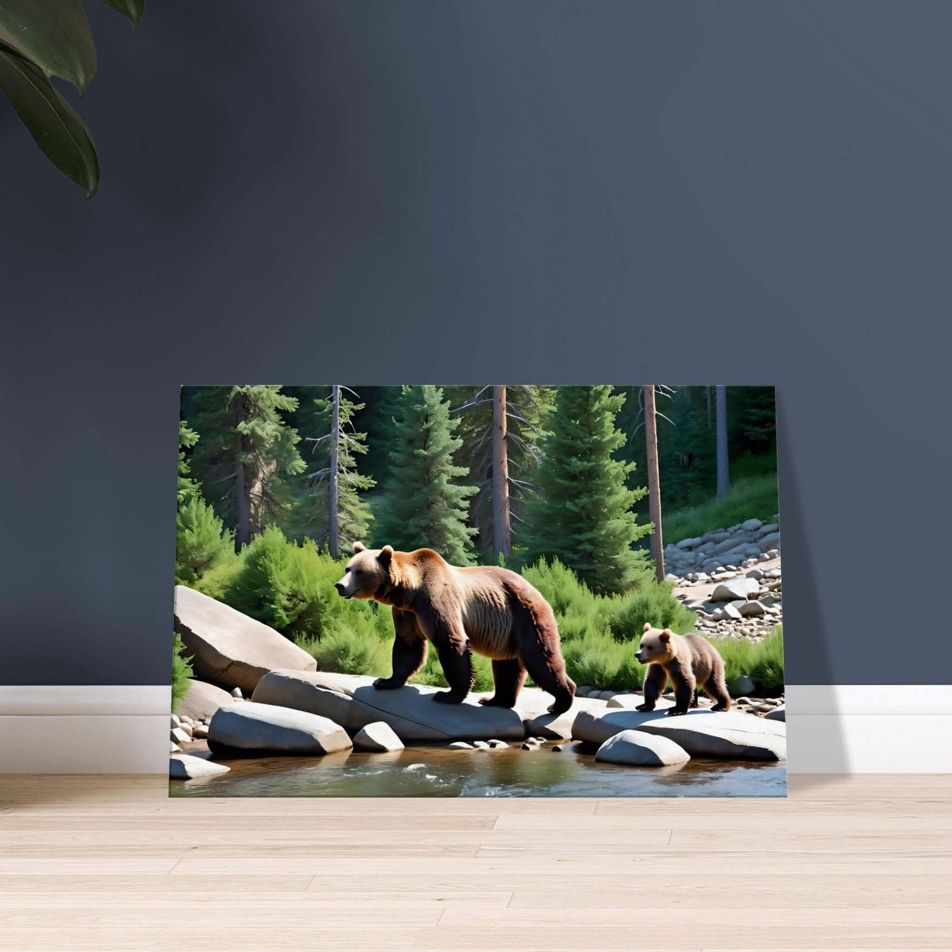 Mother bear and cub crossing river rocks in canvas print, bringing wilderness charm to your home, available in multiple sizes.