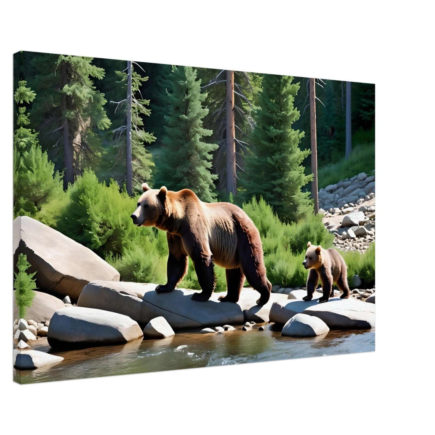 Bear and cub walking by the river on canvas print, showcasing nature's beauty. Available in slim and thick sizes.