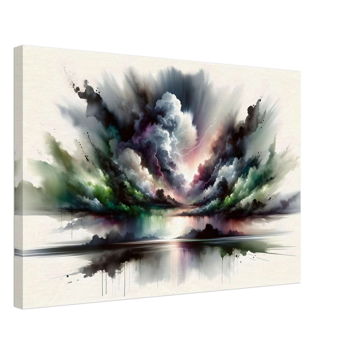 Vibrant storm wall art depicting dramatic clouds in deep blues and pastel greens, symbolizing calm after a storm.
